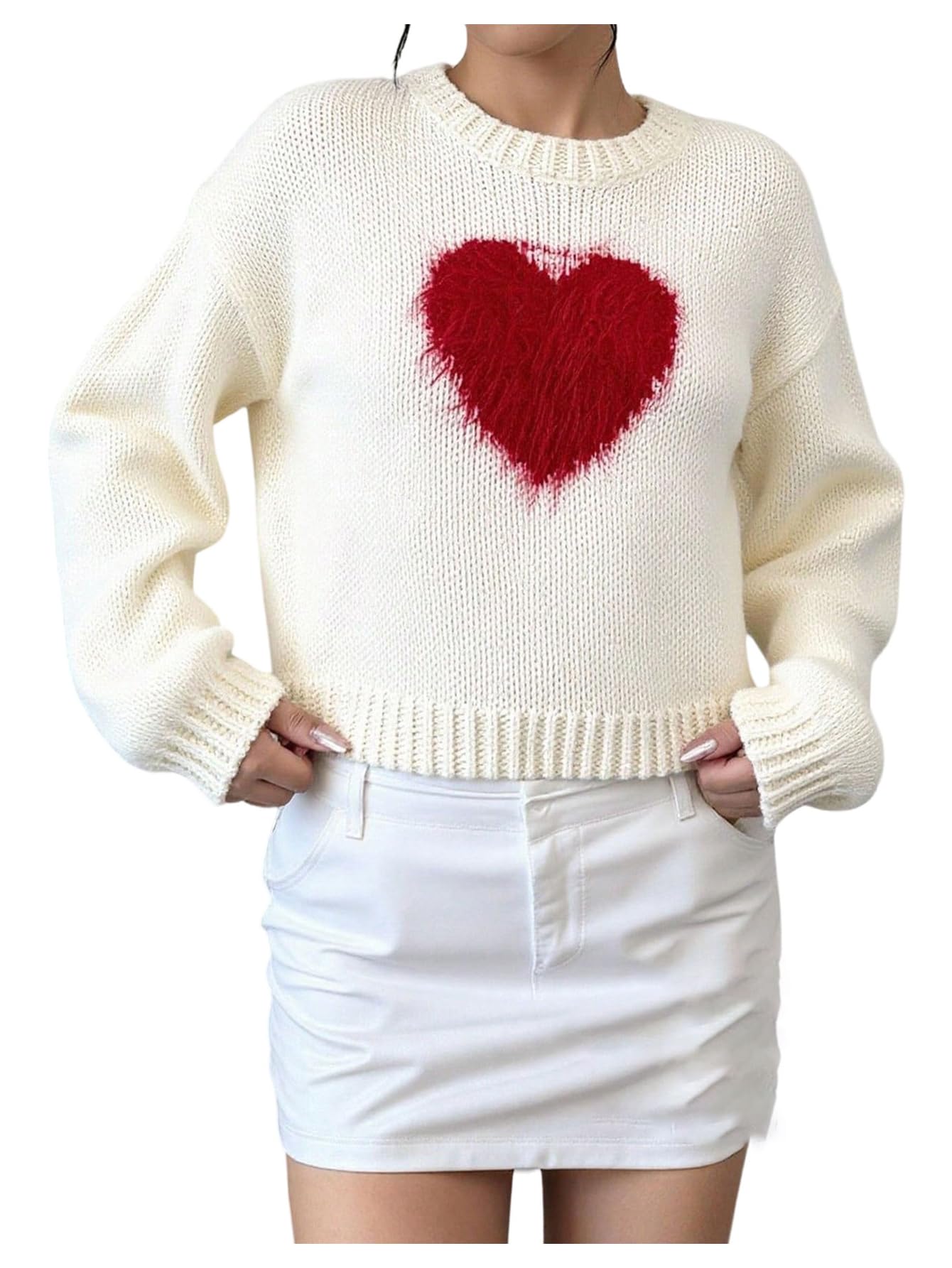 Floerns Womens Cute Heart Sweater Crew Neck Trendy Knit Pullover Tops Fall Outfit