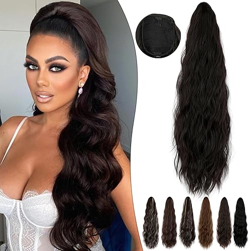 Miniatura 1 de Extensión de cola de caballo de 24 pulgadas de largo, rizado, ondulado, con cordón, extensiones de cabello sintético para mujer, uso diario, color