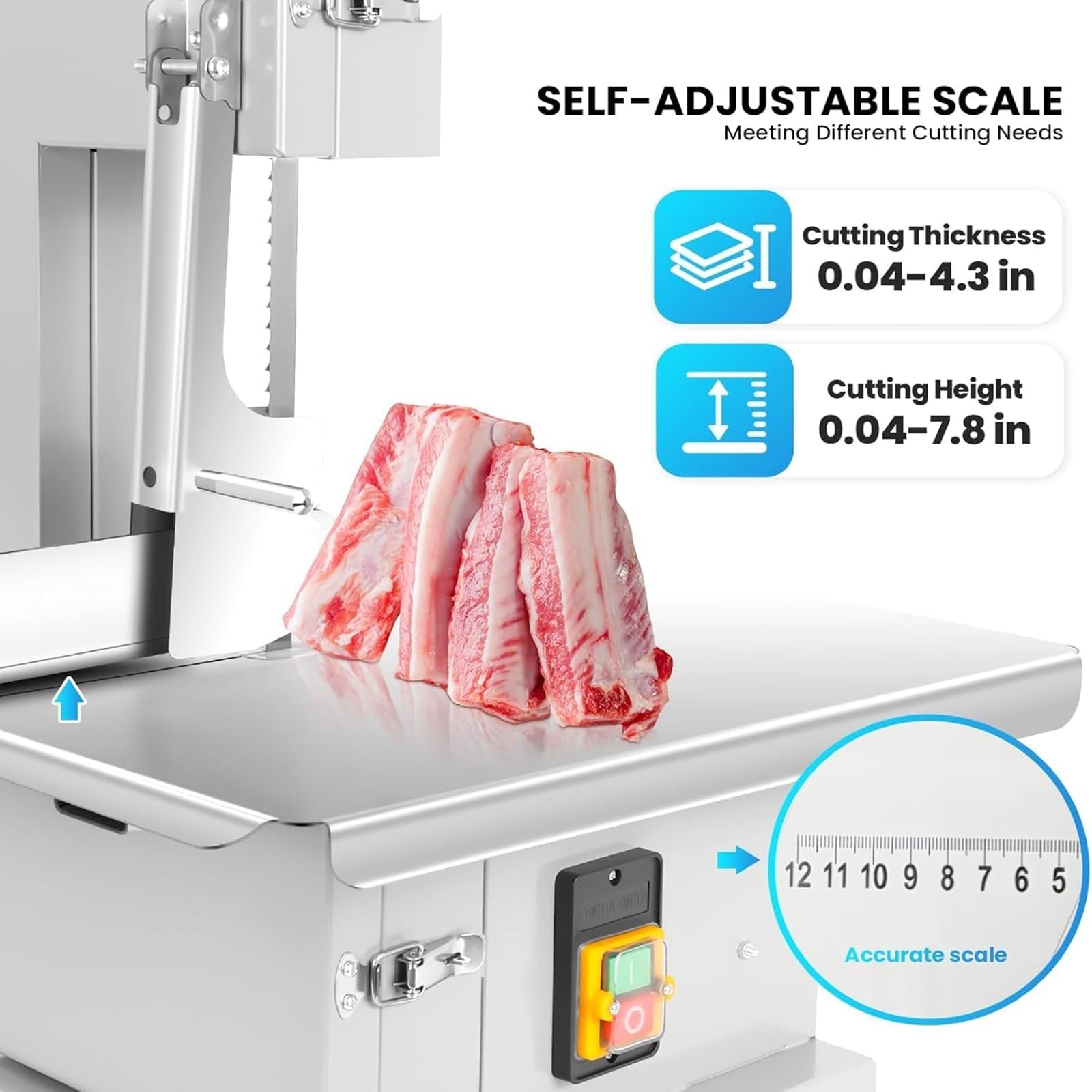 Sierra de cinta para carne, máquina de sierra de hueso de acero inoxidable, banco de trabajo de 19.6 x 15.3 pulgadas, grosor de corte de 0 a 7.9 pulgadas para carnicería de carne congelada
