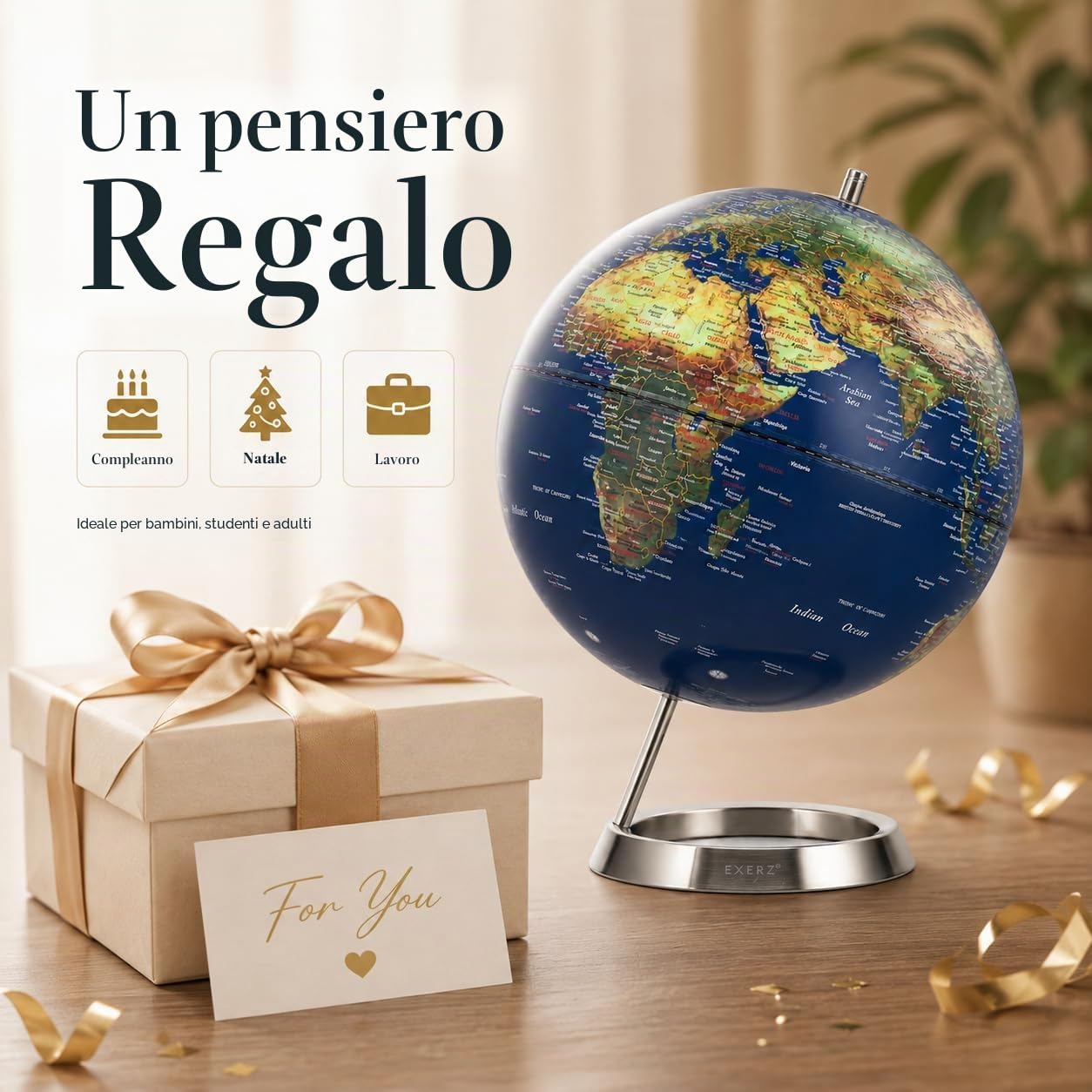 Exerz Mappamondo 25cm - in Inglese - con una base in acciaio inossidabile - Educativo, Decorativo, Scuola - Blu