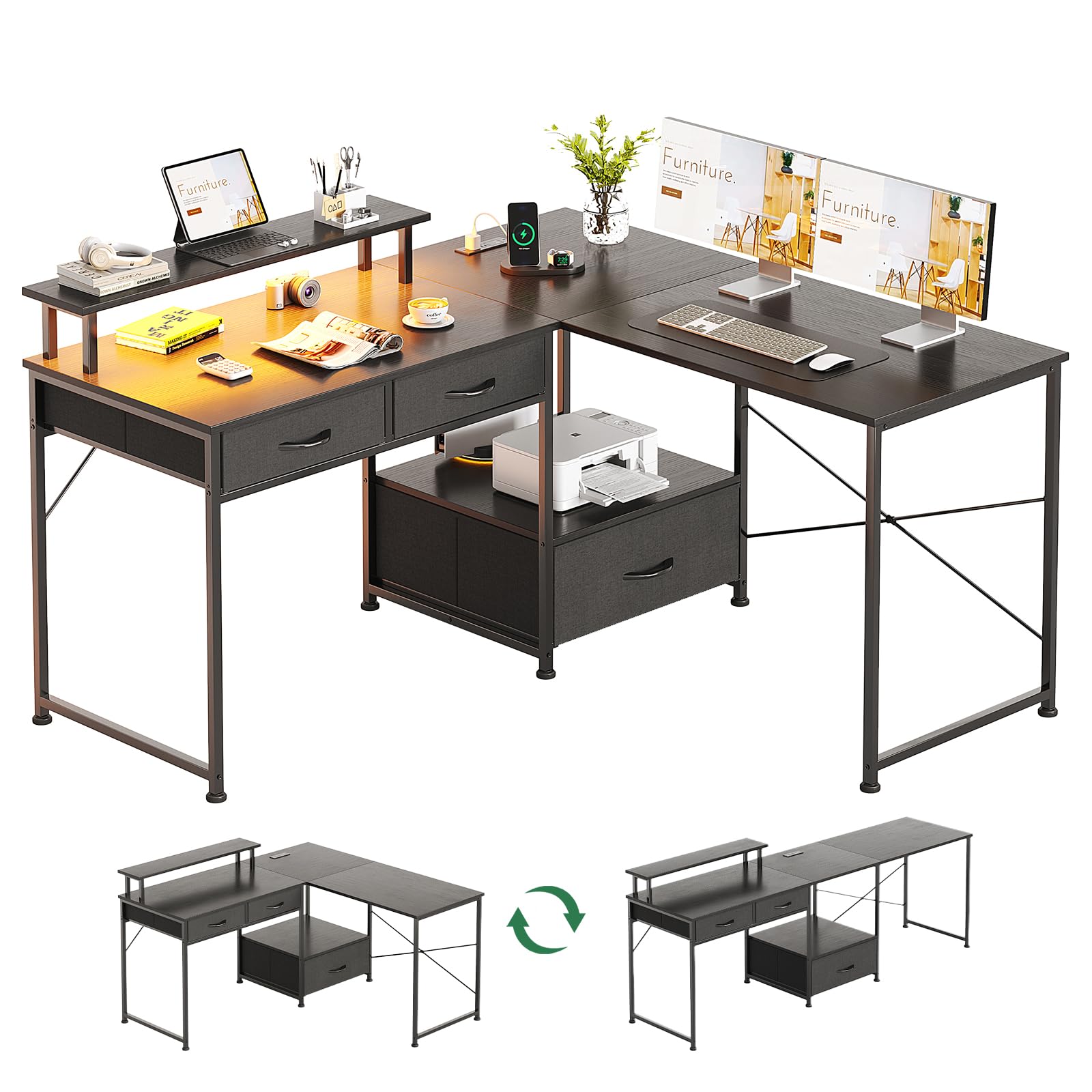 MUTUN L Shaped Computer Desk with Power Outlet & LED Lights, 128x120 cm Reversible Corner Gaming Desk with Drawers, Office Study Table Computer Workstation for Home, Black โ image 1