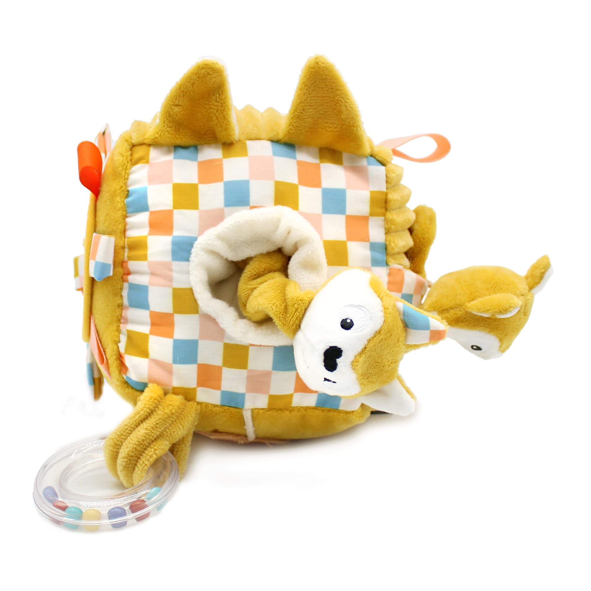 Les DEGLINGOS - Cube d'activités en Tissu Cyranos Le Renard - Jouet d'éveil sonore et Tactile pour bébé - Jouet de développement - Cadeau de Naissance - 12cm - Moutarde Moutarde
