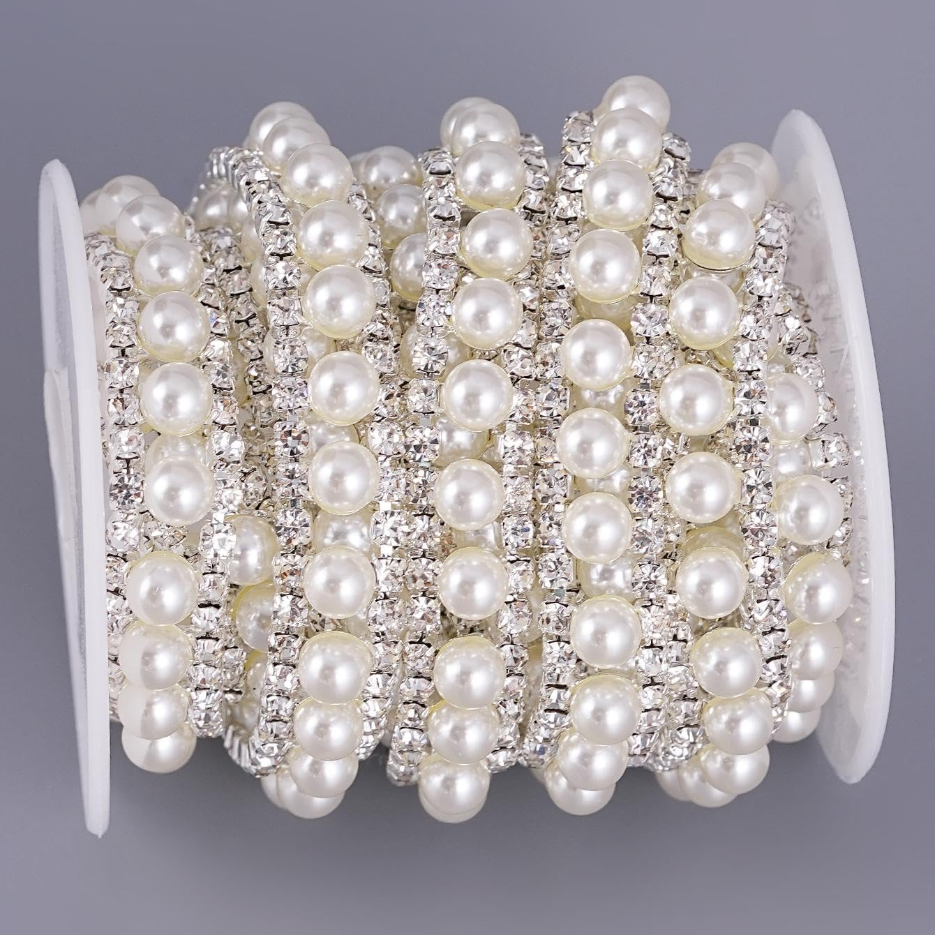 2 Yard 2 Rows Rhinestone Trim, Crystal Chain Inlaid White Pearl Beaded