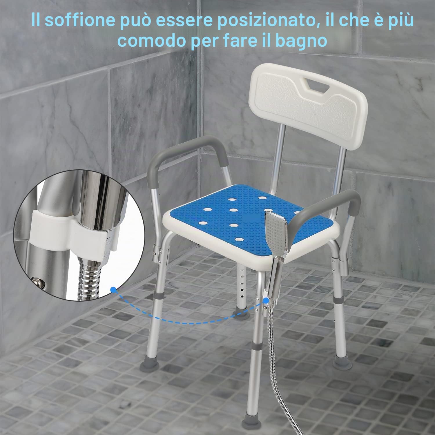 Sonnewelt Sgabello da doccia con schienale e bracciolo, regolabile in altezza, 41 – 53,5 cm, piedini antiscivolo, stabile per gli anziani