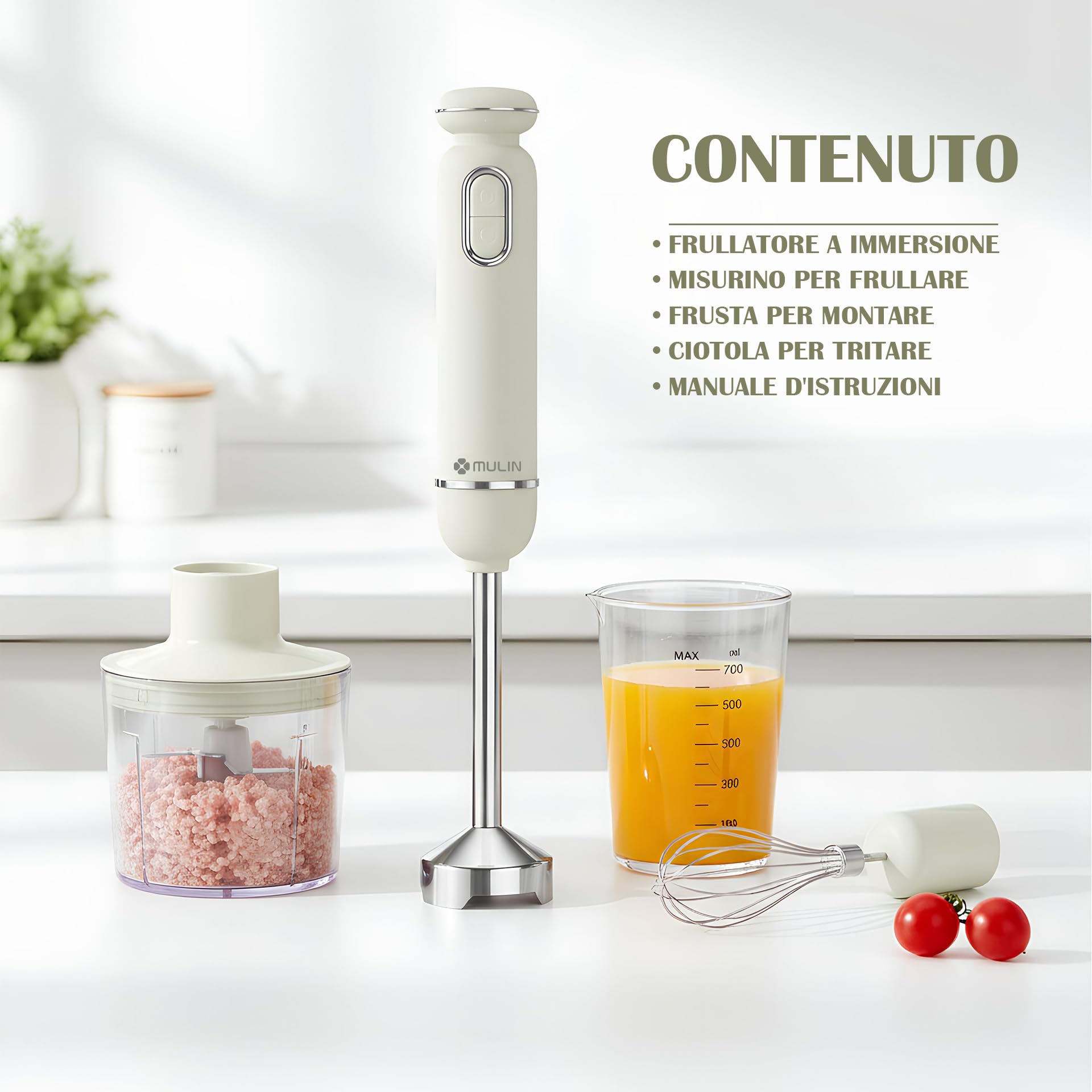 MULIN Frullatore a Immersione 4 in 1, 600W con Velocità Regolabile e Protezione Anti-Schizzo, Include Frusta, Bicchiere e Tritatutto, Ideale per Zuppe, Salse e Frullati in Cucina