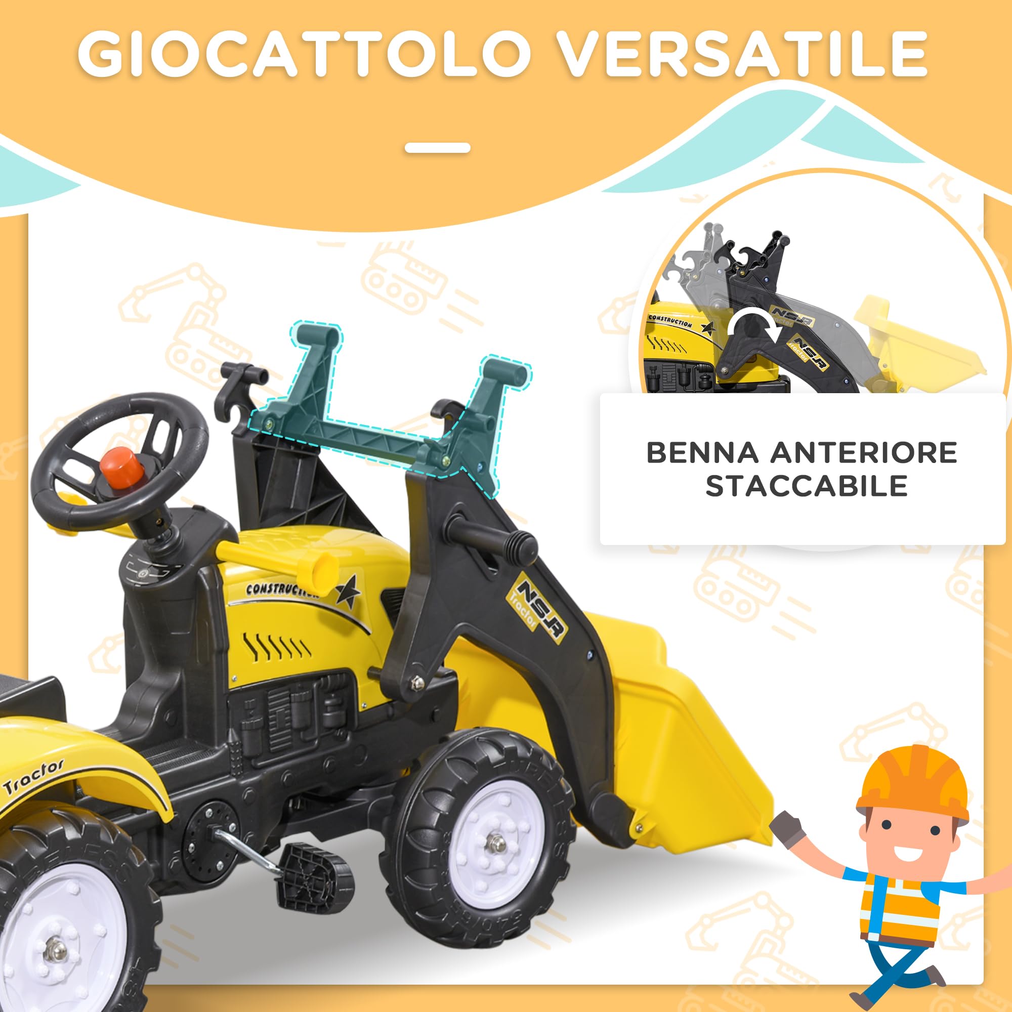 HOMCOM Escavatore Cavalcabile per Bambini da 3 Anni con Ruspa Frontale e Rimorchio Rimovibile, Trattore a Pedali per Bambini con 6 Ruote, Giallo
