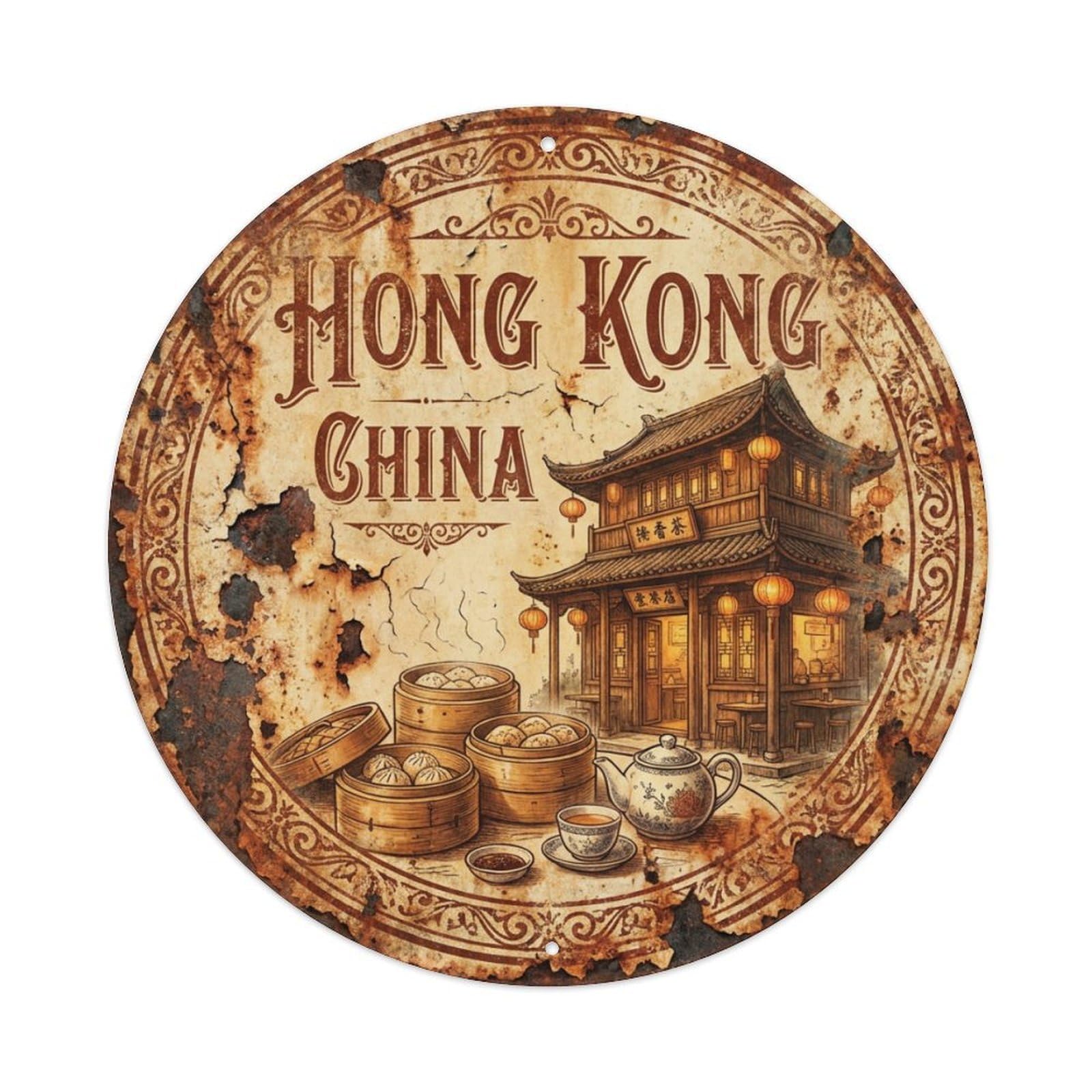 Vintage Travel Hong Kong China Tradition Metal Tin Sign