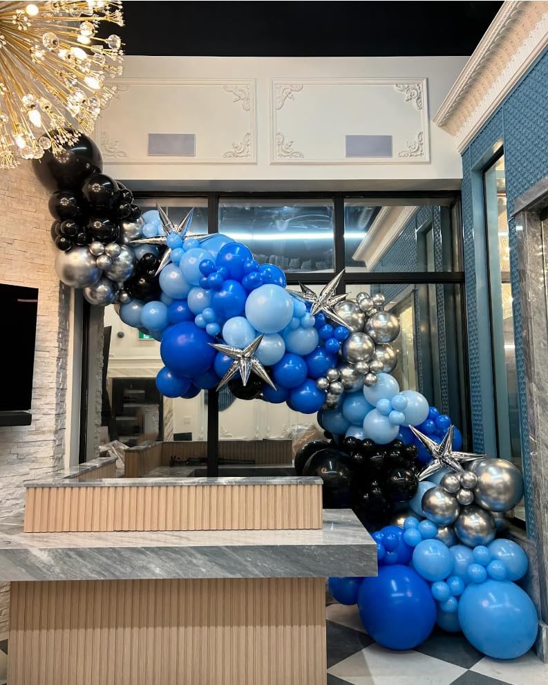 Image of Blue and Black Balloon Arch Kit, 201Pcs Explosion Star Royal Blue Metallic Sliver Black Balloon Garland kit, Different Size Balloons for Anniversary Birthday Graduation Prom Party Decorations