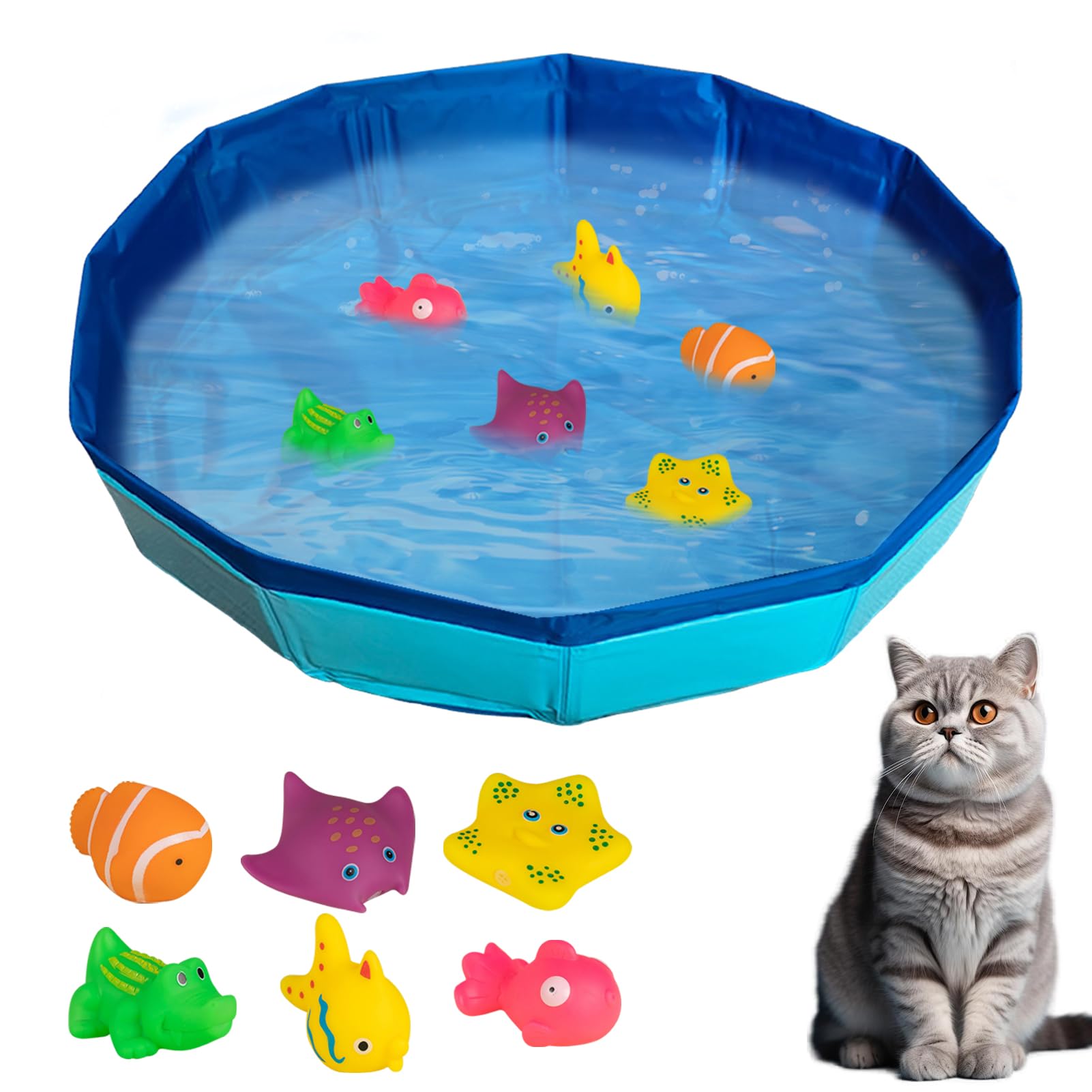 Piscina para gatos con juguetes de peces flotantes, piscina plegable para gatos con 6 peces, juguete de agua, alfombra de agua, piscina para perros con juguetes, piscina plegable para gatos y perros