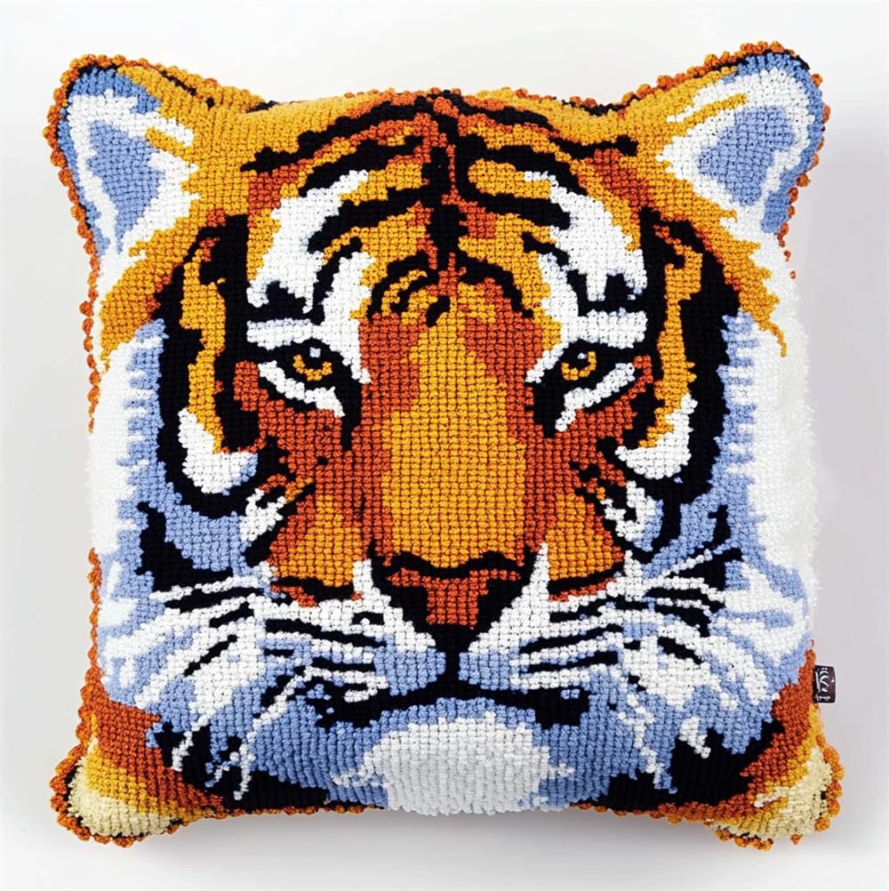 Rqwybcaxn Latch Hook Kit,Tiger Latch Hook Kits for Adults DIY Decorative Pillowcase Embroidery Cross Stitch Arts Craft for Home Sofa Furniture 17X17Inch