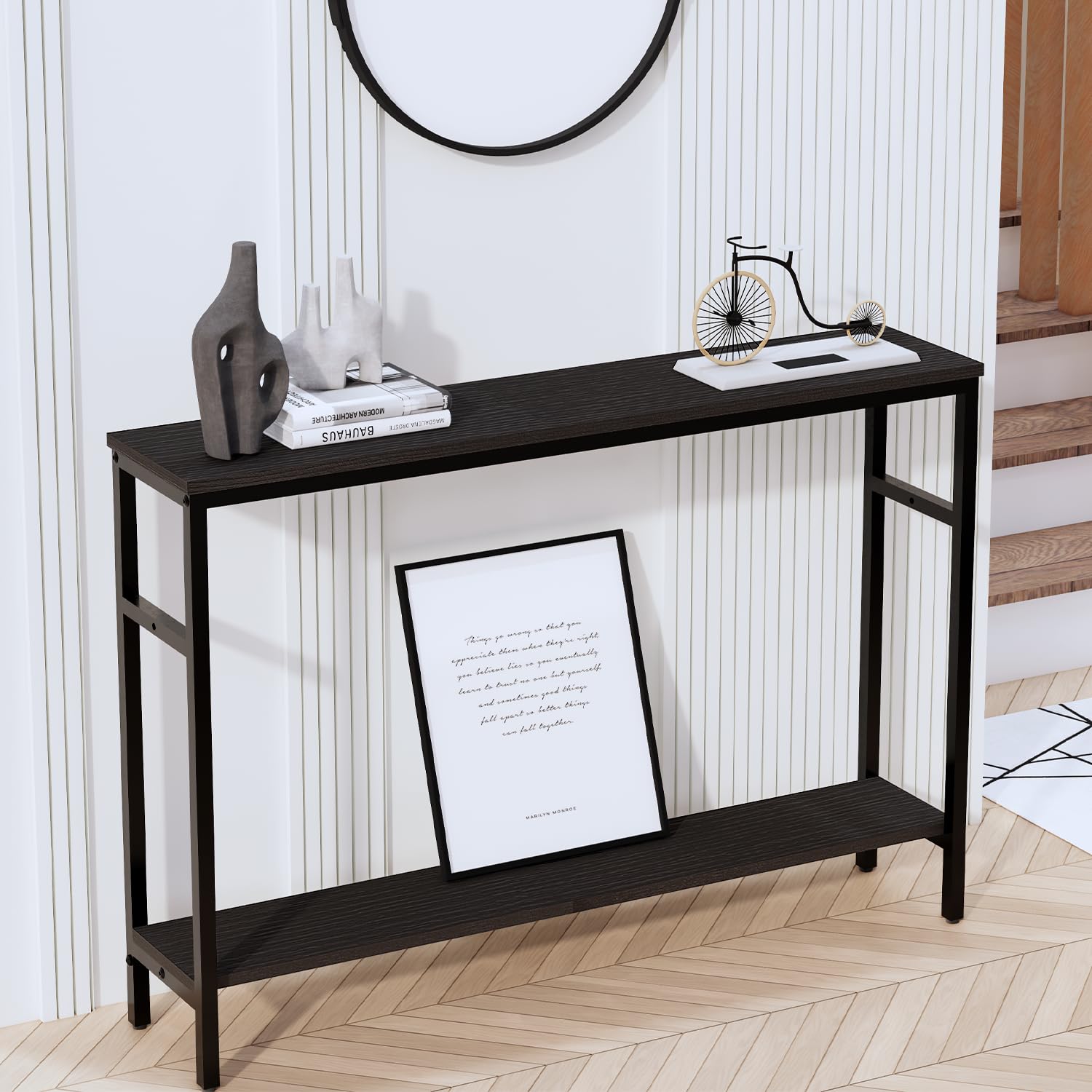 Mesa consola estrecha, mesa de sofá de 47 pulgadas con estante ajustable, mesa delgada de 2 niveles para pasillo, entrada, sala de estar, vestíbulo, color negro 7