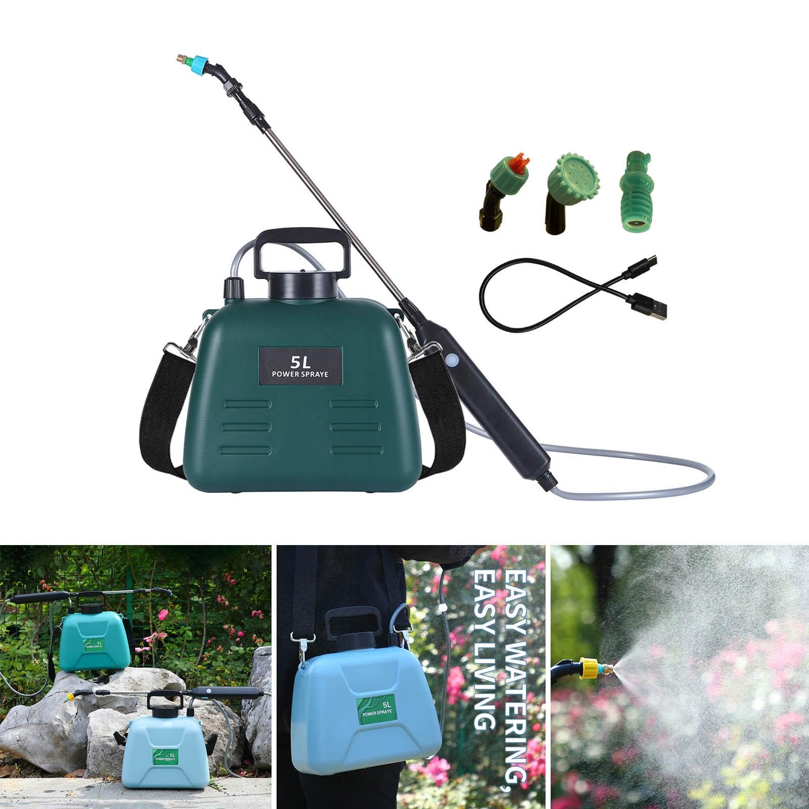 Spruzzatore Portatile Elettrico con Asta Retrattile Serbatoio 5L 3 Ugelli Multifunzione Tracolla Regolabile Adatto a Giardinaggio Pulizia Domestica, Verde