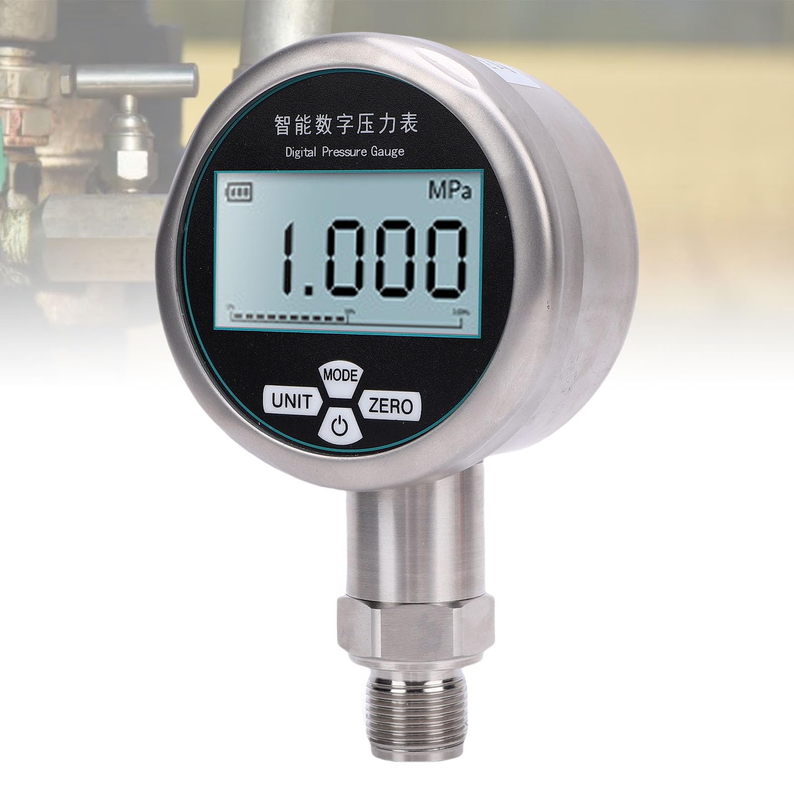 Asixxsix Misuratore di pressione digitale, Testatore di pressione di visualizzazione a 5 cifre, Gamma di 0-1MPa, 7 unità misuratore di pressione in acciaio inossidabile per acqua petrolio