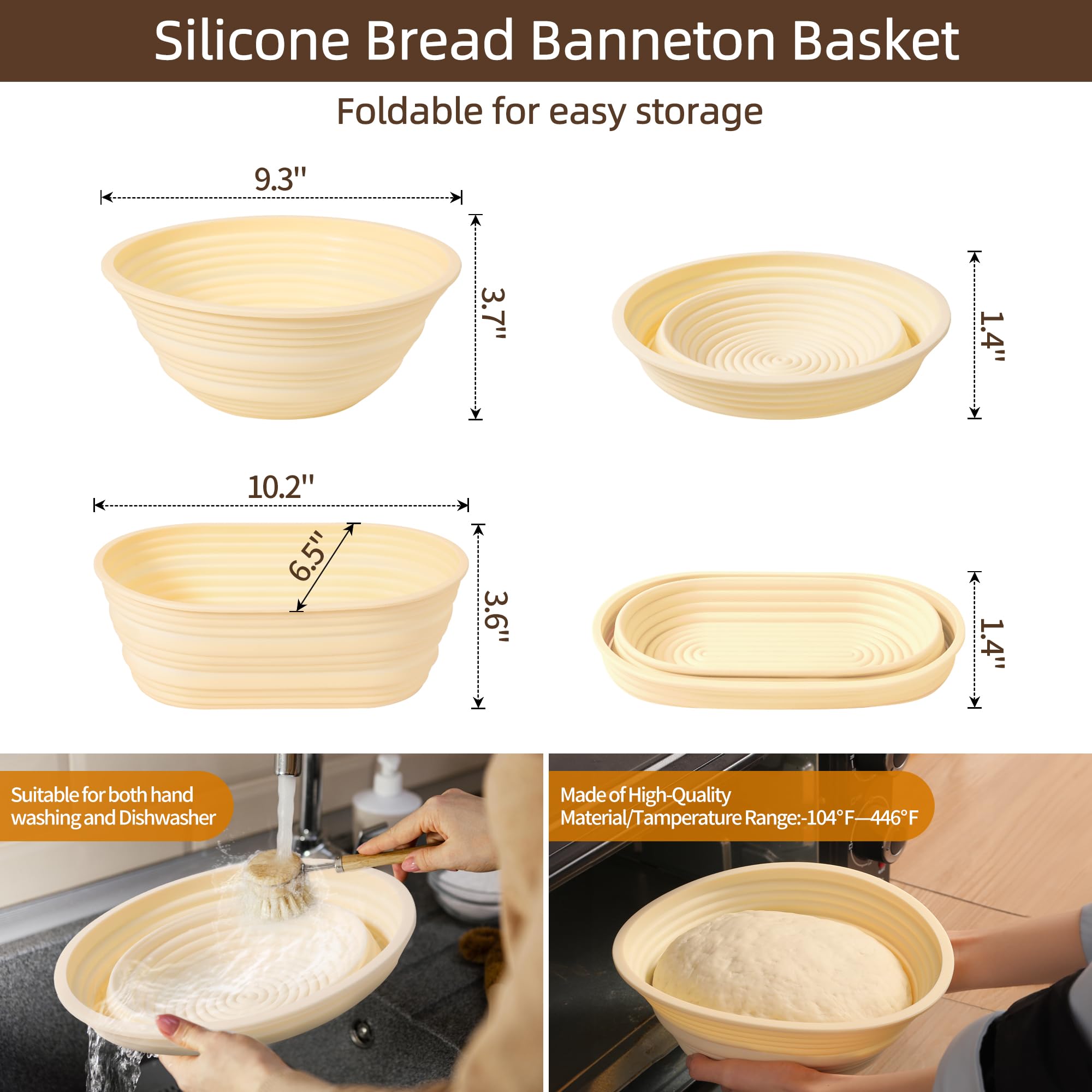 Neddie Silikon-Banneton Brotgärkörbe Set – 22,9 Cm Rund & 25,4 Cm Oval, Mit Teigschaber, Lame, Bürste, Besen, Faltbar & Leicht Zu Reinigen