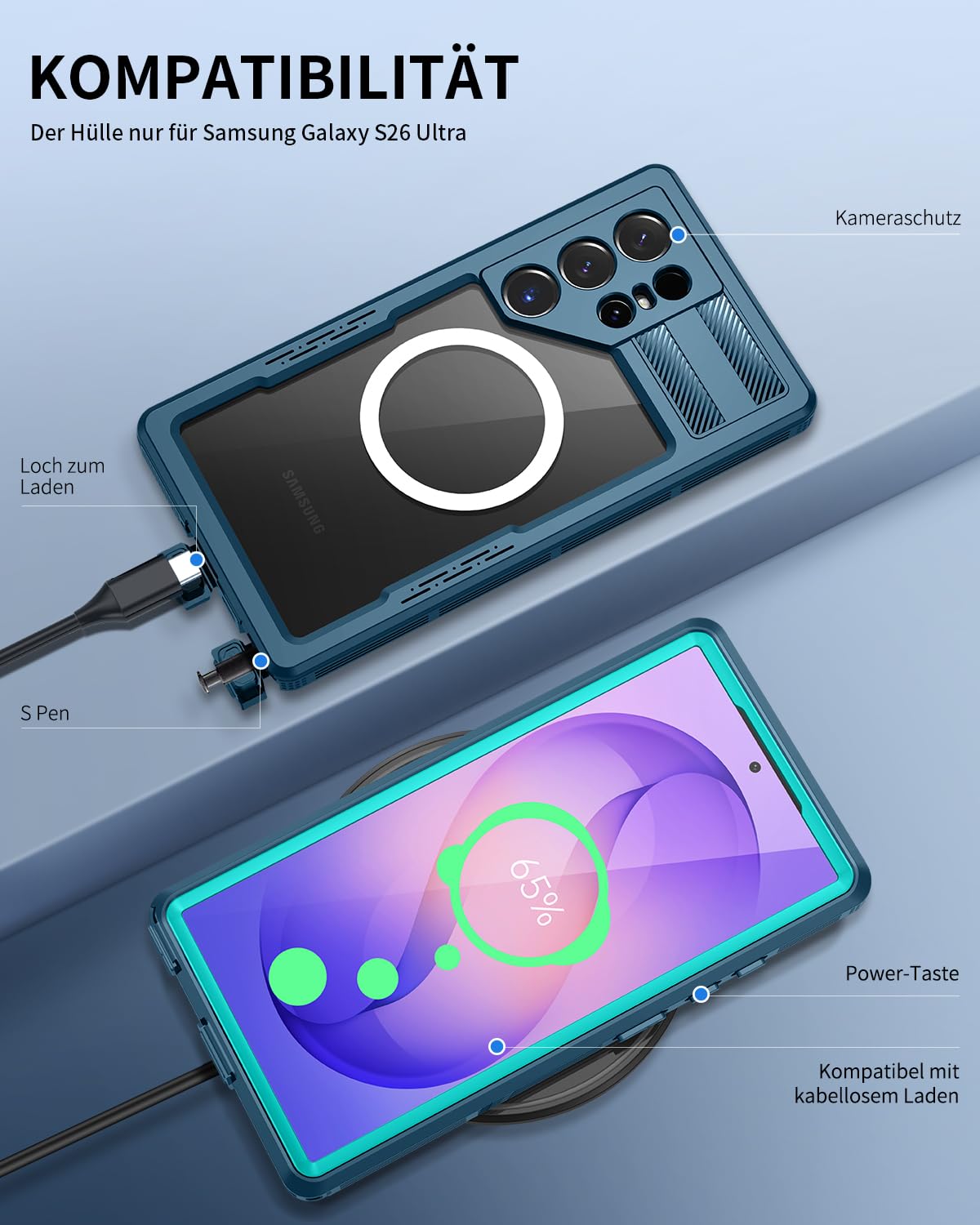 Hülle für Samsung Galaxy S26 Ultra Wasserdicht Kompatibel mit Magsafe, HandyHülle S26 Ultra 5G IP68 wasserdichte 360 Schutzhülle,Stoßfest Outdoor Panzerhülle mit Displayschutz,Blau