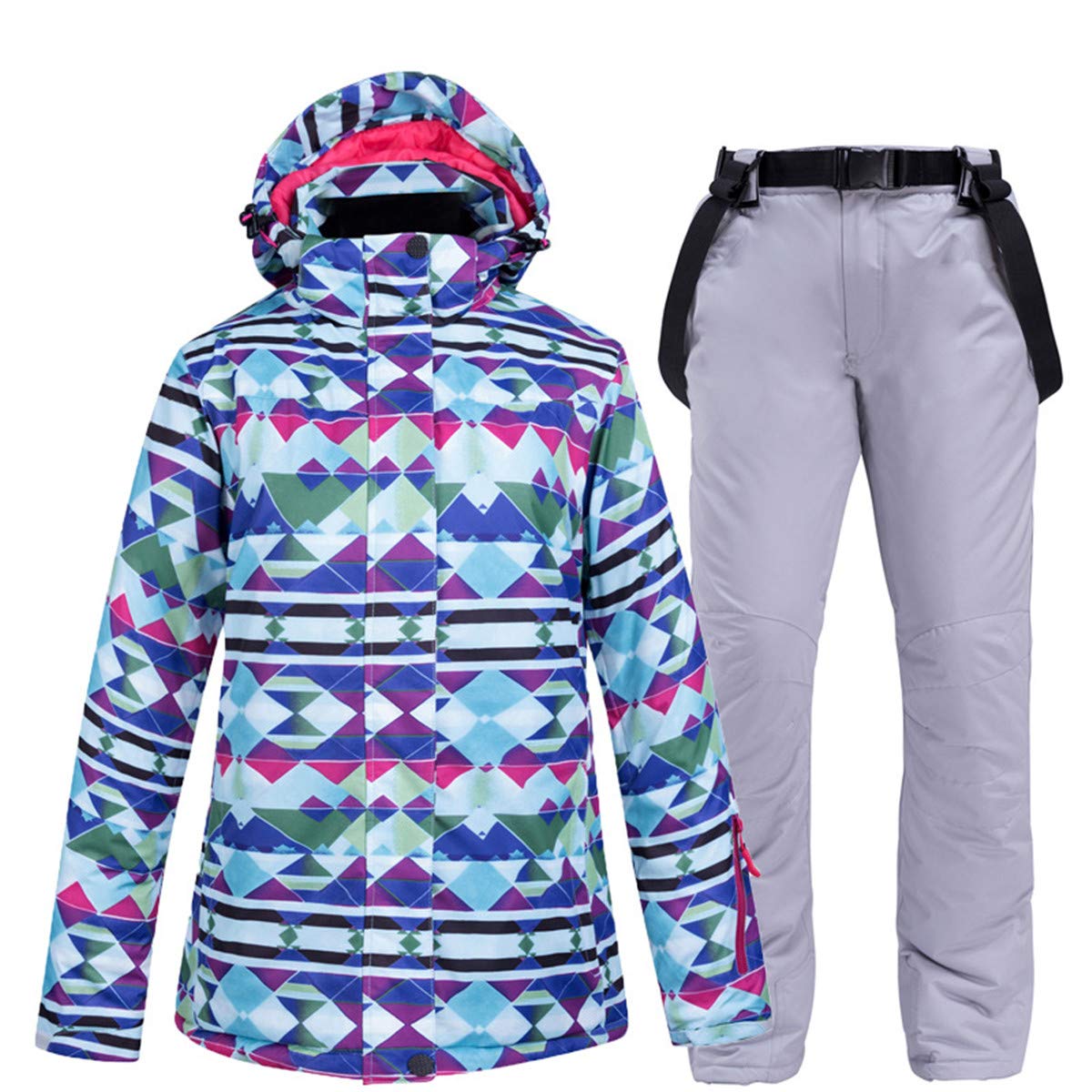 Women's Outdoor Mountain Colorful Ski Jacket Windproof Waterproof Snow Snowboard Coat with Ski Bib Pants Set L