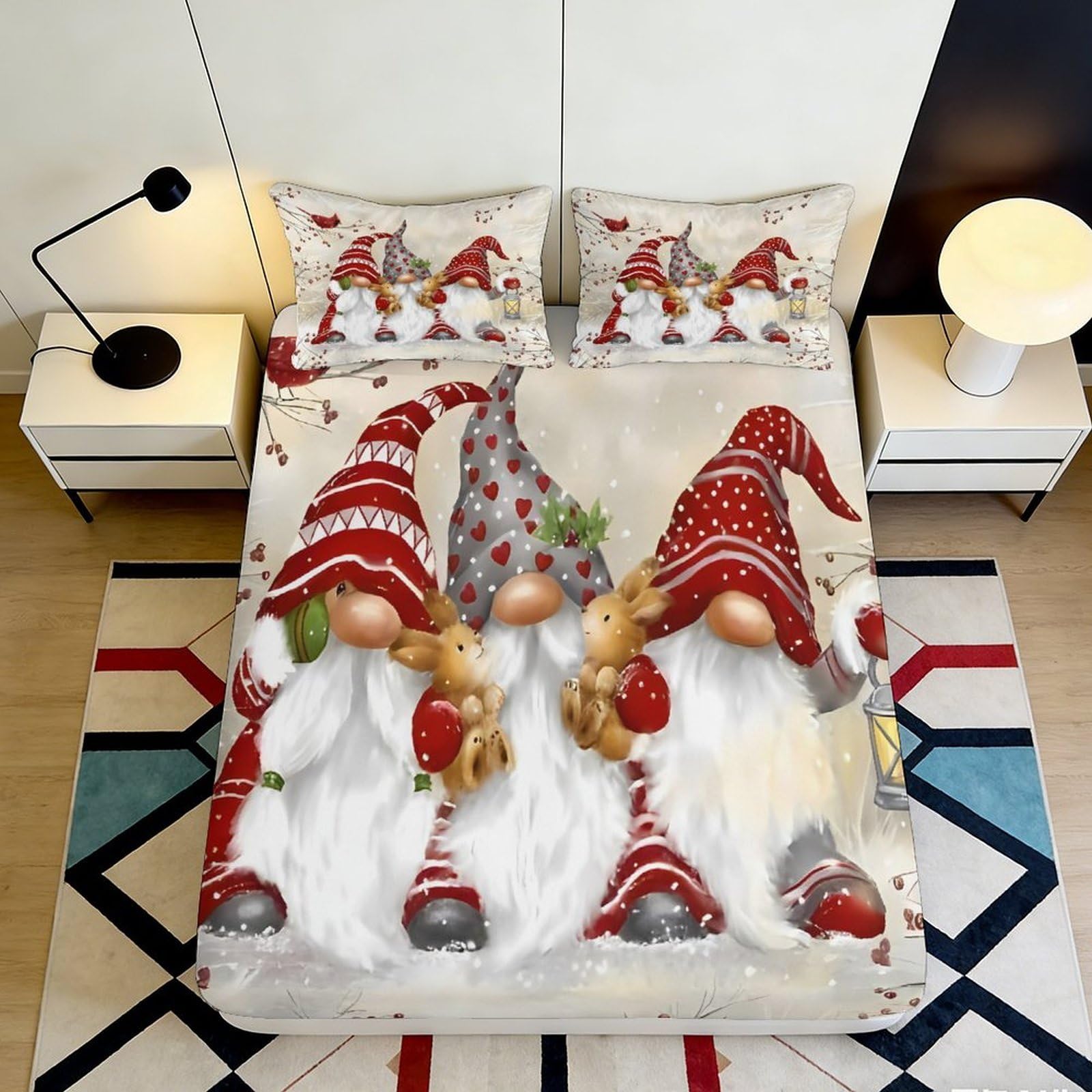 Jqzkxnhpbr Style-10 3D Printed Christmas Gnome Fitted Sheet Microfiber Red Hat Elf Bed Cover For Bedroom Decor Mattress Protection 90X200x25cm