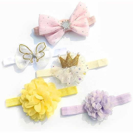 ANNA CREATIONS multi-coloured baby girl kids hairband headbands elastic hair accessory pack of 5 with gift box-pink