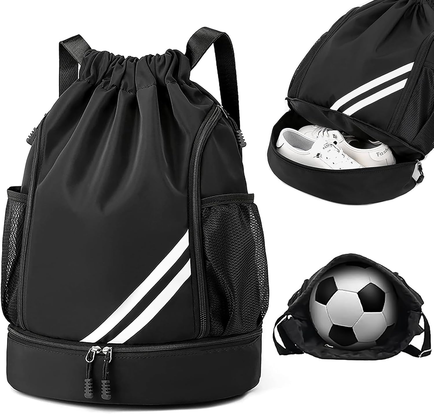 Mochila Zorplex con cordón para gimnasio, bolsa deportiva de gran tamaño resistente al agua con compartimento para zapatos, cremallera y bolsillos de malla para botella de agua para deporte, natación