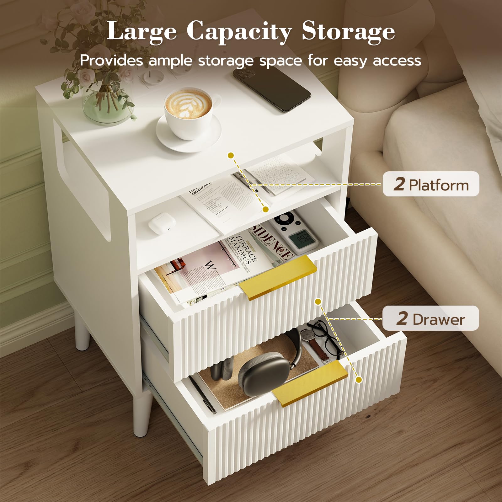 YOUDENOVA Comodini Camera da Letto, Elegante Tavolino Salotto con Presa Elettrica Integrata e Illuminazione a LED, 2 Cassetti e Scomparto, 2 Porte USB, 30 x 40 x58 cm, Bianco