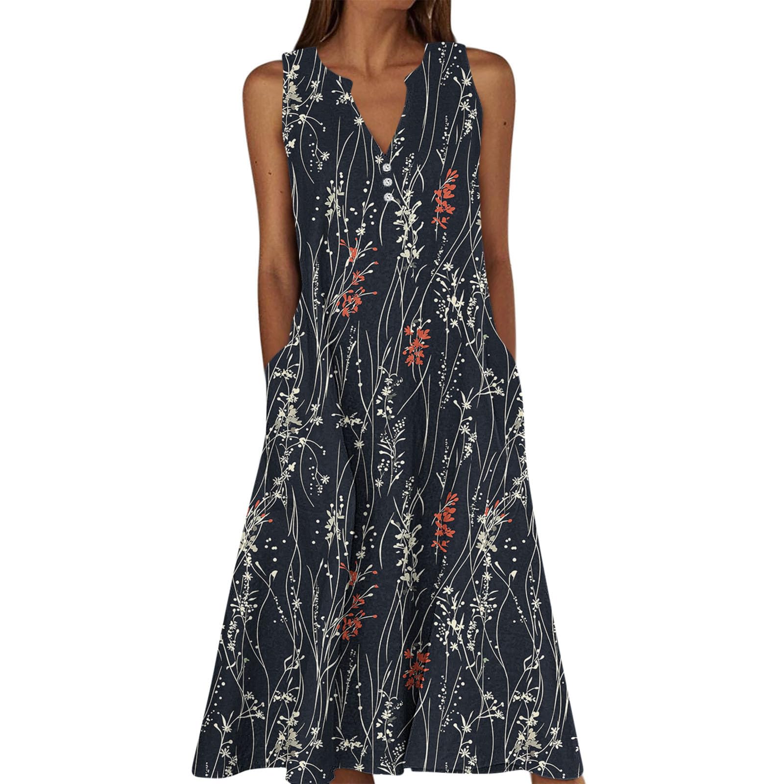 Summer Floral Print Midi Dresses for Women Boho Sleeveless V Neck Tank Dress Beach Vacation Sundress with Pockets — view 21