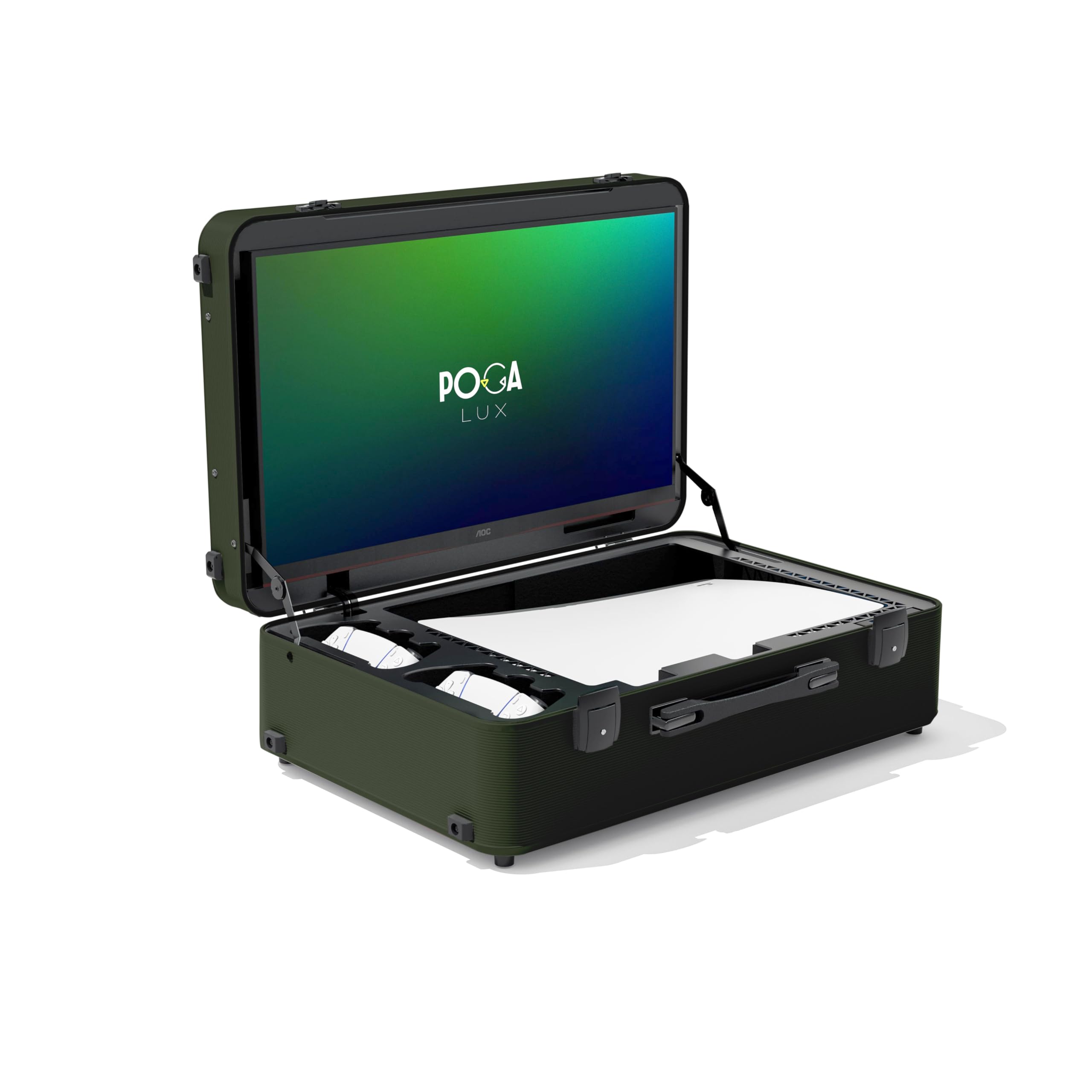 POGA Lux Camouflage - Valigetta da gioco portatile (compatibile con PlayStation 5) con monitor da gioco AOC integrato da 24", design trolley e valigetta da viaggio, mimetico