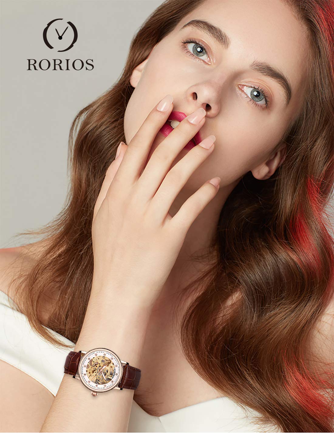 RORIOS Mechanische Armbanduhr, automatisch, für Damen, Leuchtend, Diamant, simuliert, Skelett, Damen Uhren