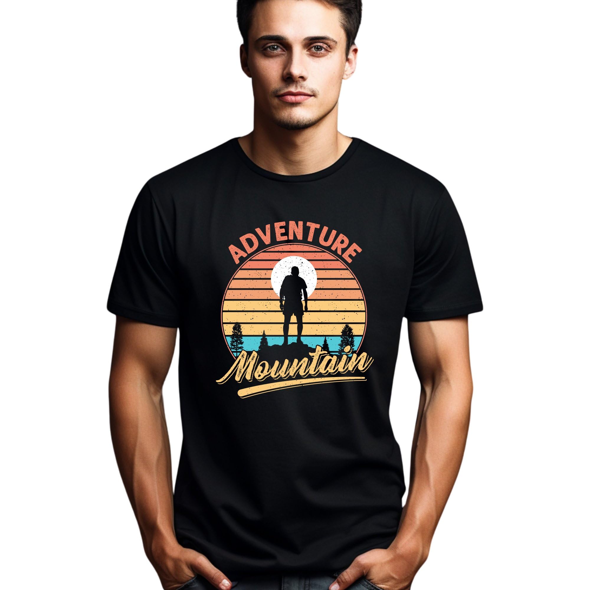 Seek Buy Love Adventure Mountain Retro Sunset Graphic T-Shirt, Outdoor Camping Hiking Tee, Unisex Casual Shirt (Large, Black)
