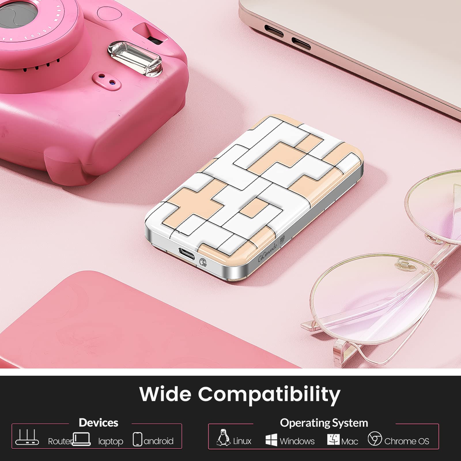 GiGimundo Przenośny dysk SSD 512 GB, USB3.2 Gen2 × 2 Extrene Portable SSD 20 Gbps, do 2000 MB/s USBC, zewnętrzny dysk Solid State Drive, seria TS (1T) (20 Gbps-1T)
