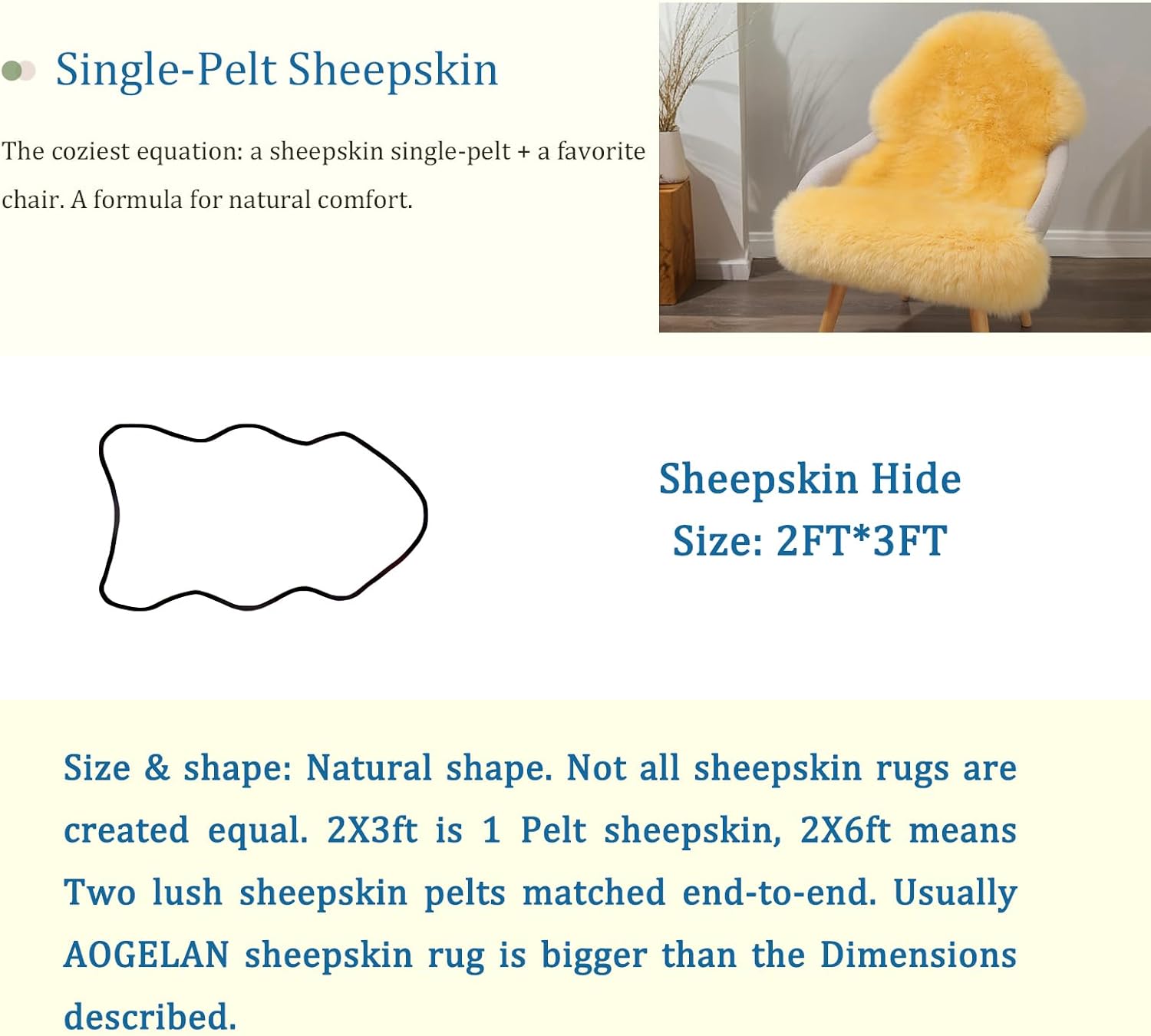 Premium Genuine Sheepskin Rug, Genuine Sheepskin Natural Fluffy Fuzzy Lambskin Fur Area Rug Seat Covers for Kids Bedroom Sofa Chair Cover Pets Dogs Mat Single Pelt/2' x 3' Golden Yellow