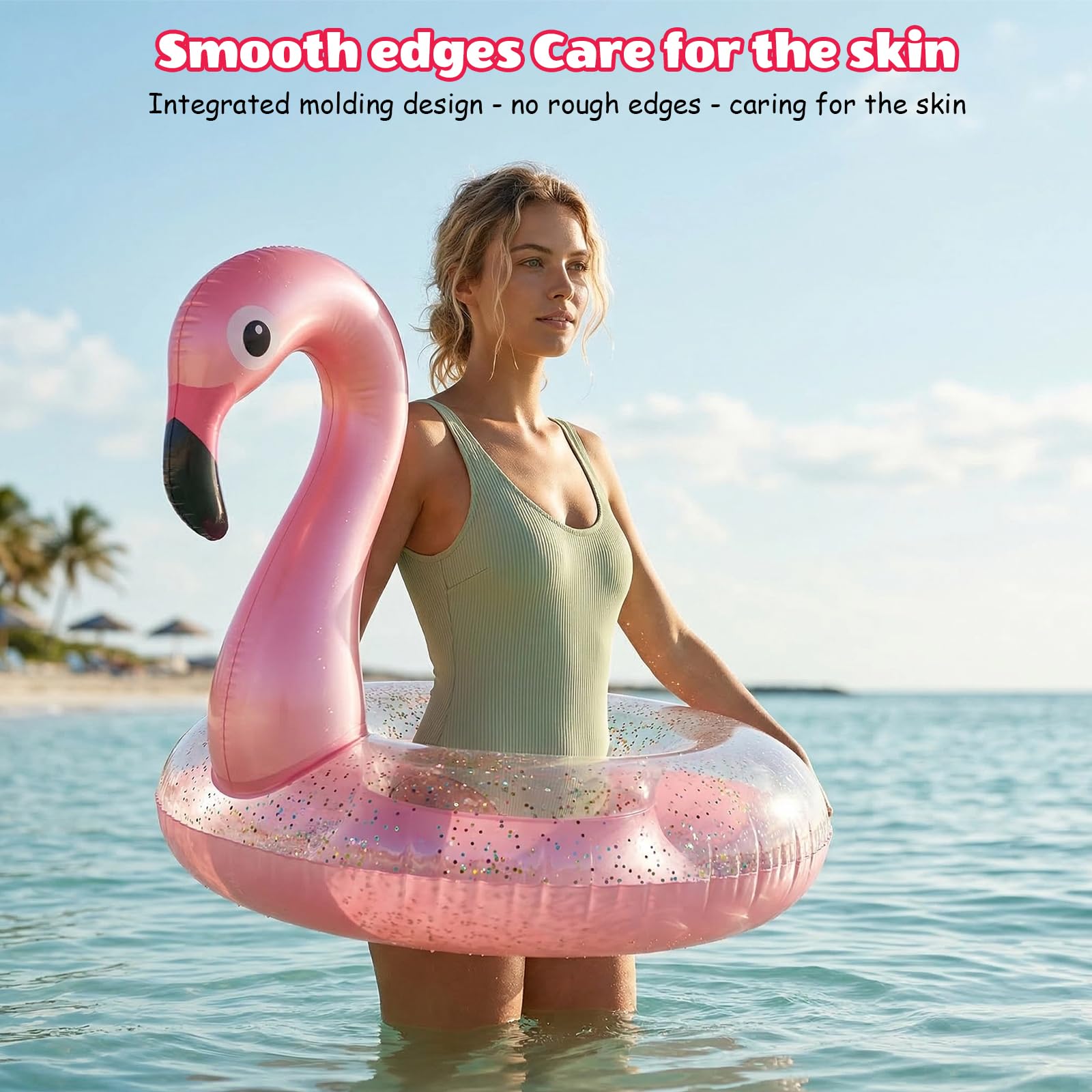 Yisscen Anello da nuoto gonfiabile, con fenicottero, 90 cm, con glitter rosa, per piscina, per feste estive, adulti, bambini
