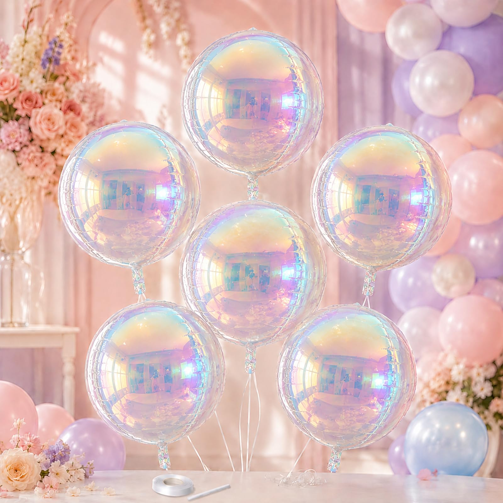 Iridescent Round Foil Balloons, 6 Pcs 22 Inch 4D Clear Holographic Foil Balloons for Birthday Wedding Baby Shower Mermaid Rainbow Party Decorations