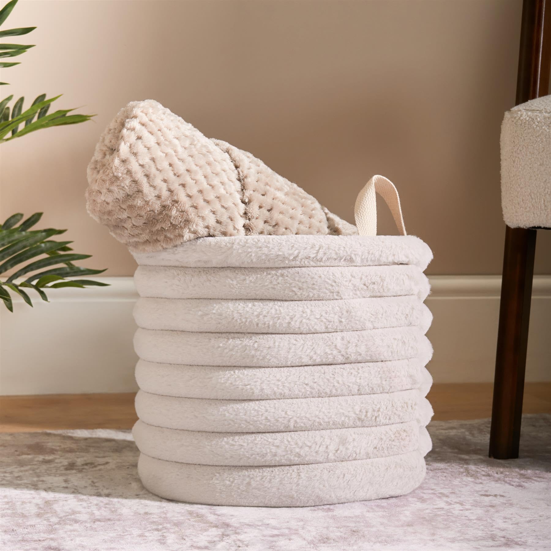 Ohs Ribbed Faux Fur Storage Basket With Handles Compact Bucket OrganiserNatural from B&Q