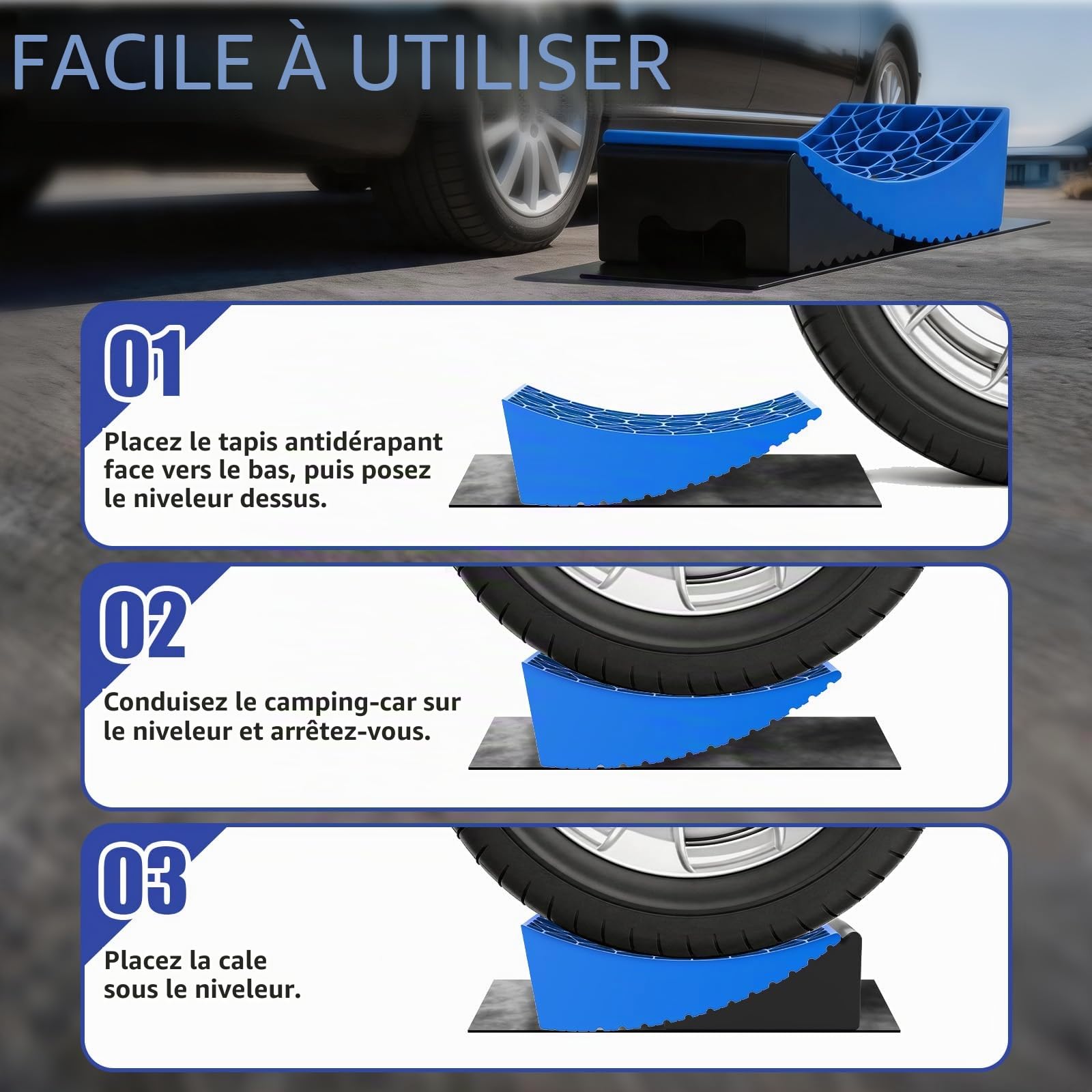 Sooontrans Cale Camping Car 32×15.2×11 CM, Cales pour Camping-car en HDPE Charge Maximale de 15 T, Cale Van Aménagé avec Tapis Anti-dérapant & Sac de Rangement, pour Caravane, Double Essieu, Bleu