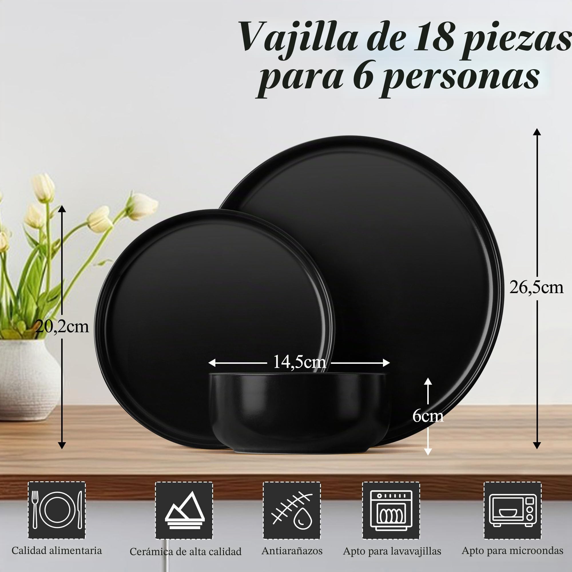 Joyfair - Vajilla para 6 personas, 18 piezas, de gres, esmaltado reactivo con platos planos, platos de postre, cuencos para cereales, apto para microondas y lavavajillas, negro Abyssal
