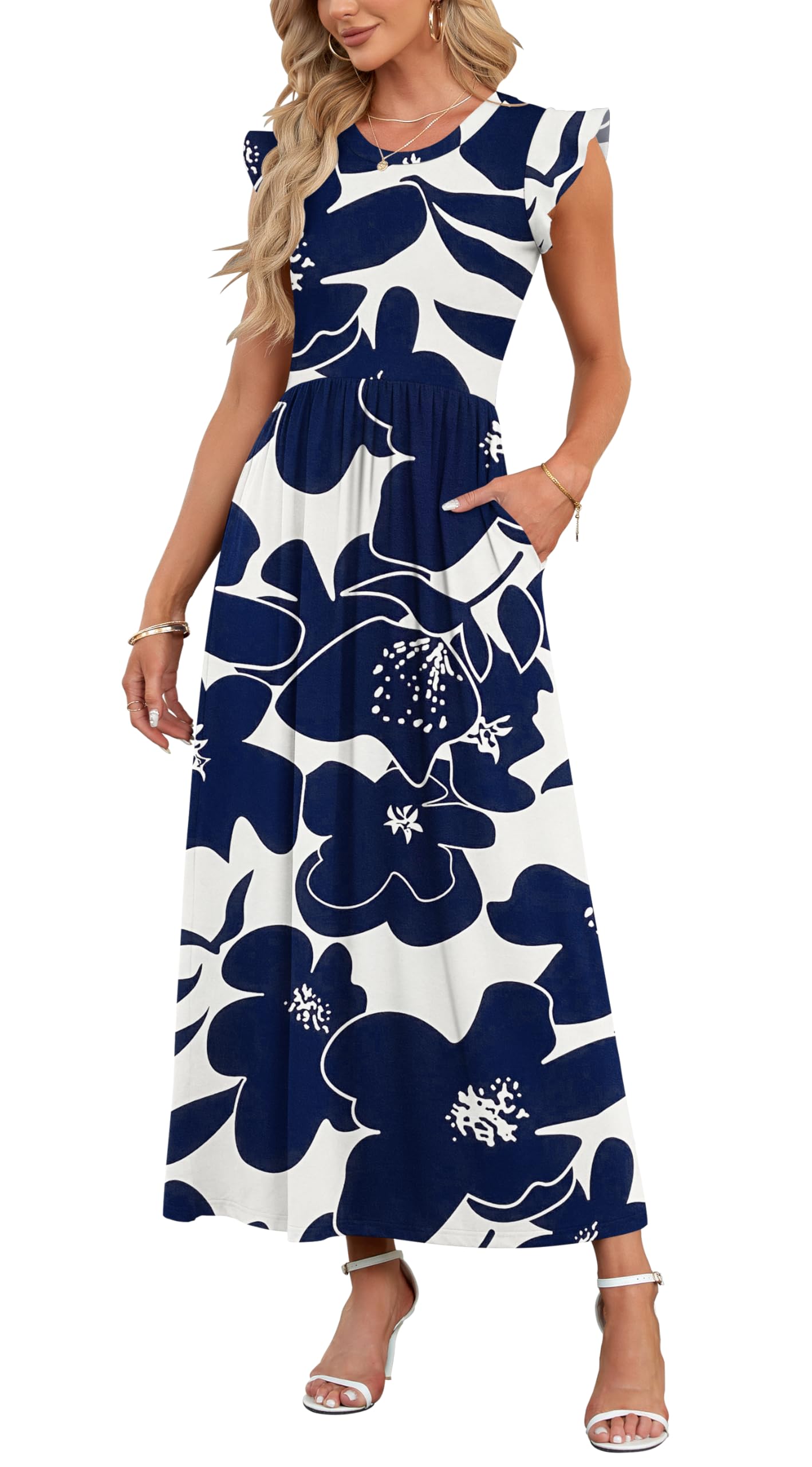 AUSELILY Damen Sommer Rundhalsausschnitt Maxi Kleid mit Taschen Kurzarm und Rüschen Lässiges Hohe Taille Langes Lockeres Bodenlanger Rock