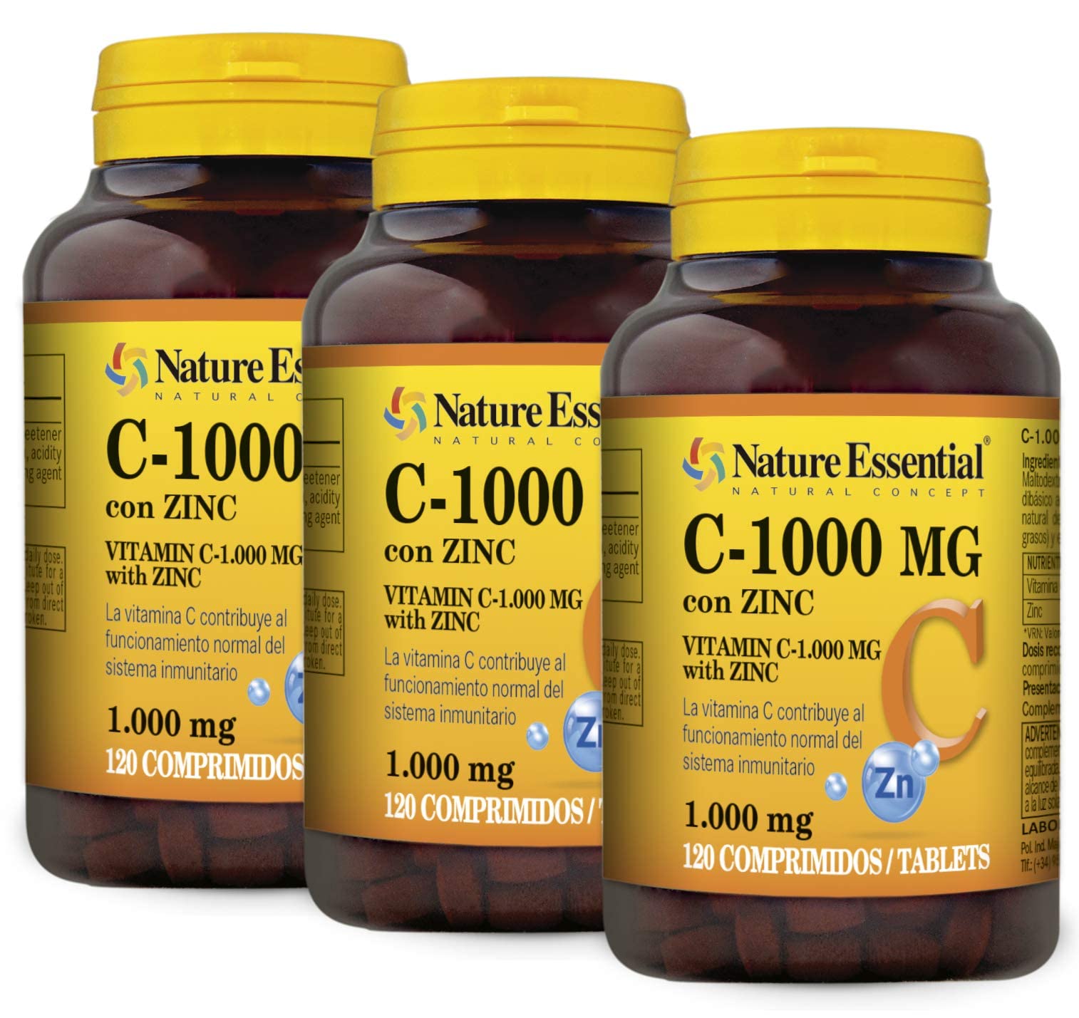 Nature Essential - Vitamina C y Zinc - 360 Comprimidos - Bote 12 Meses - Ayuda al Ánimo, al Sistema Inmune y Reducir el Cansancio - C-1000 MG - Pack 3