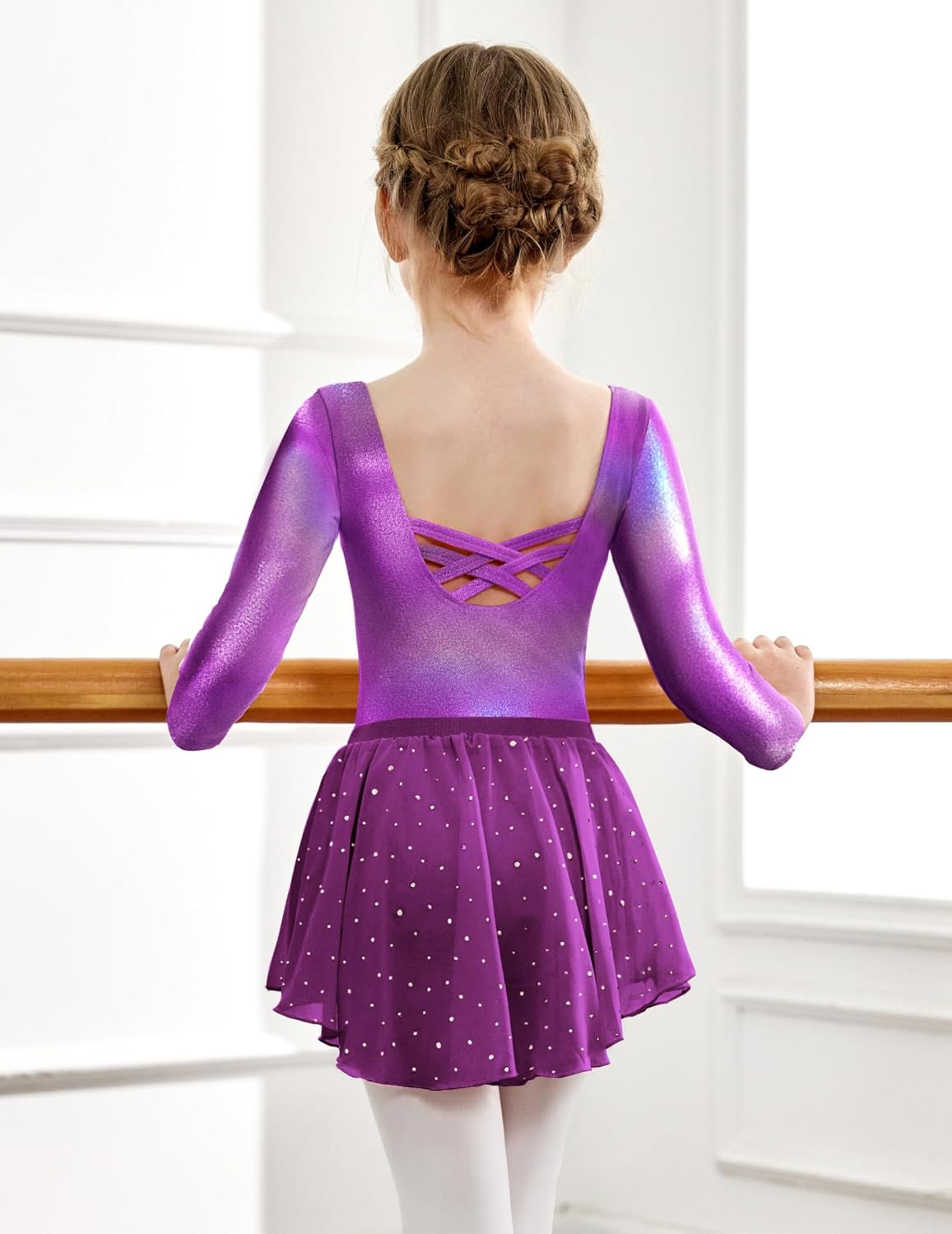 Arshiner Girls Ballet Leotards with Chiffon Dance Skirt Long Sleeve Crisscross Back Toddler Dance Outfit Combo - Image 3