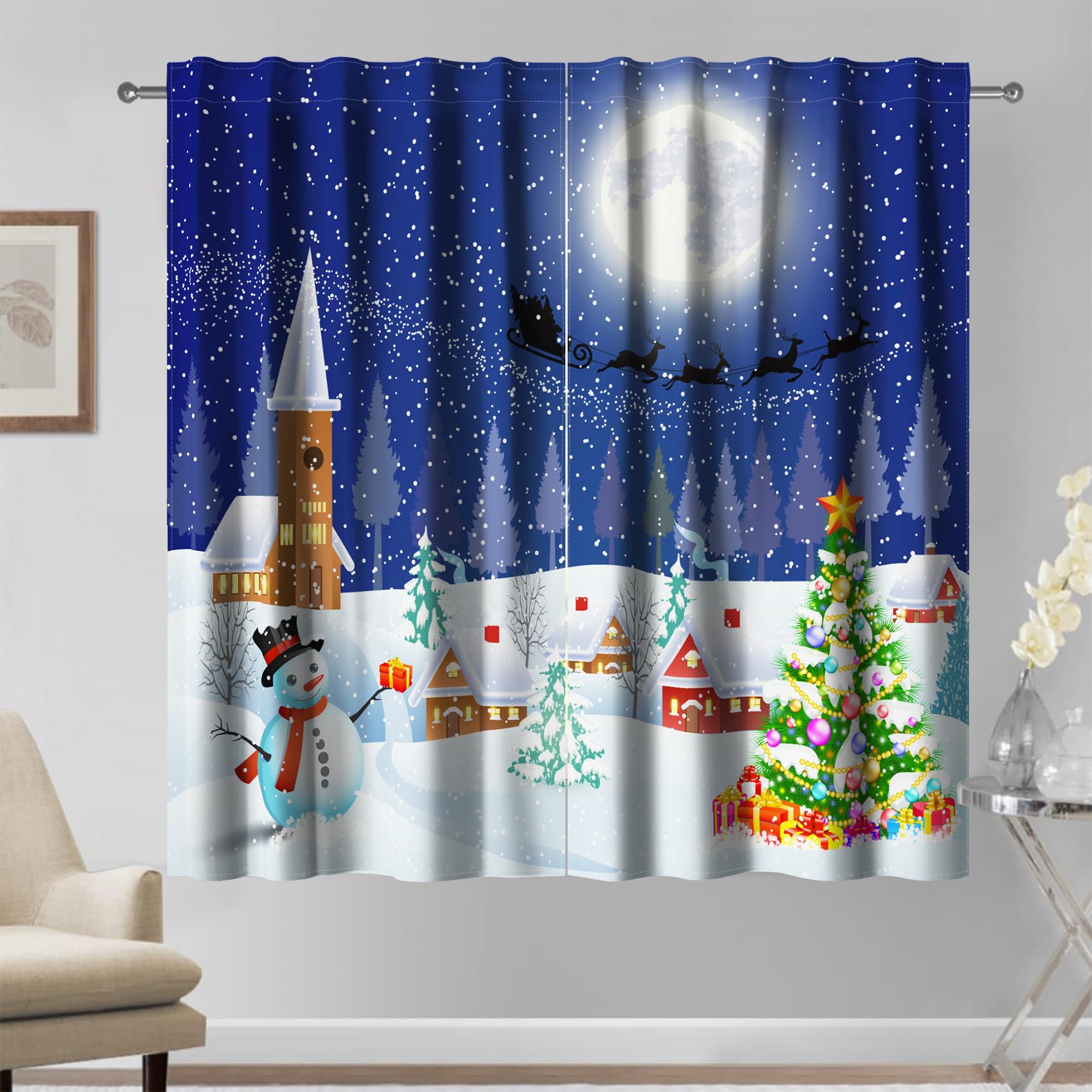 Kzzfqxb 107x215cm Rod Pocket Curtains 2 Panels, Festival Christmas New Year Snowing Village Houses Snowman Blue Night Pattern Light Filtering Window Drapes, Winter Decoration for Living Room Bedroom