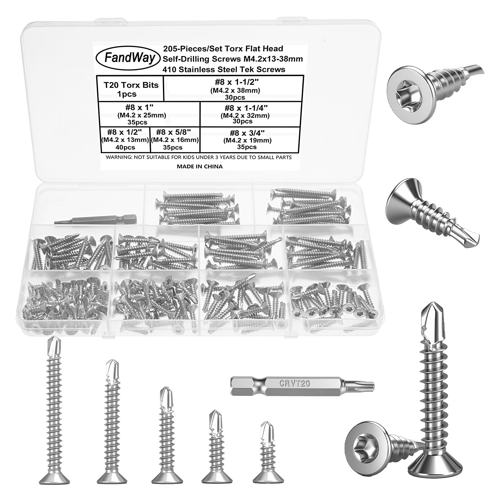 FandWay 205 Pcs Torx Self Tapping Screws Metal,M4.2x13~38mm Torx Countersunk Self Drilling Screws,Flat Head Sheet Metal Tek Screw 410 Stainless Steel With 1 T20 Bits For Aluminum Metalwork Roofing