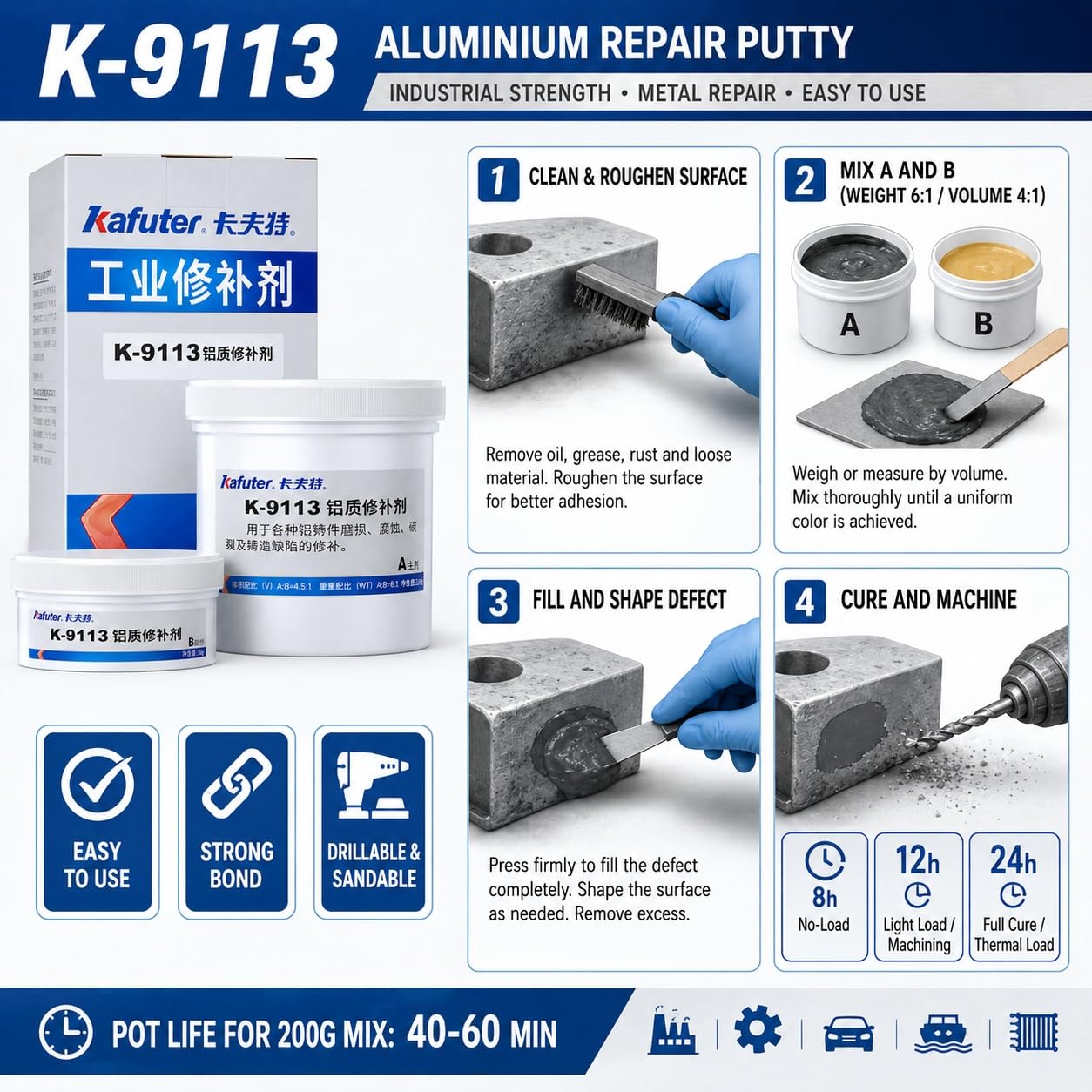 VIDOO AB Bond Pasta Reparación Industrial para Aluminio, Pegamento Resistente al Calor para Agujeros Arena en Aluminio Fundido, Soldadura Líquida Impermeable, Paquete Doble