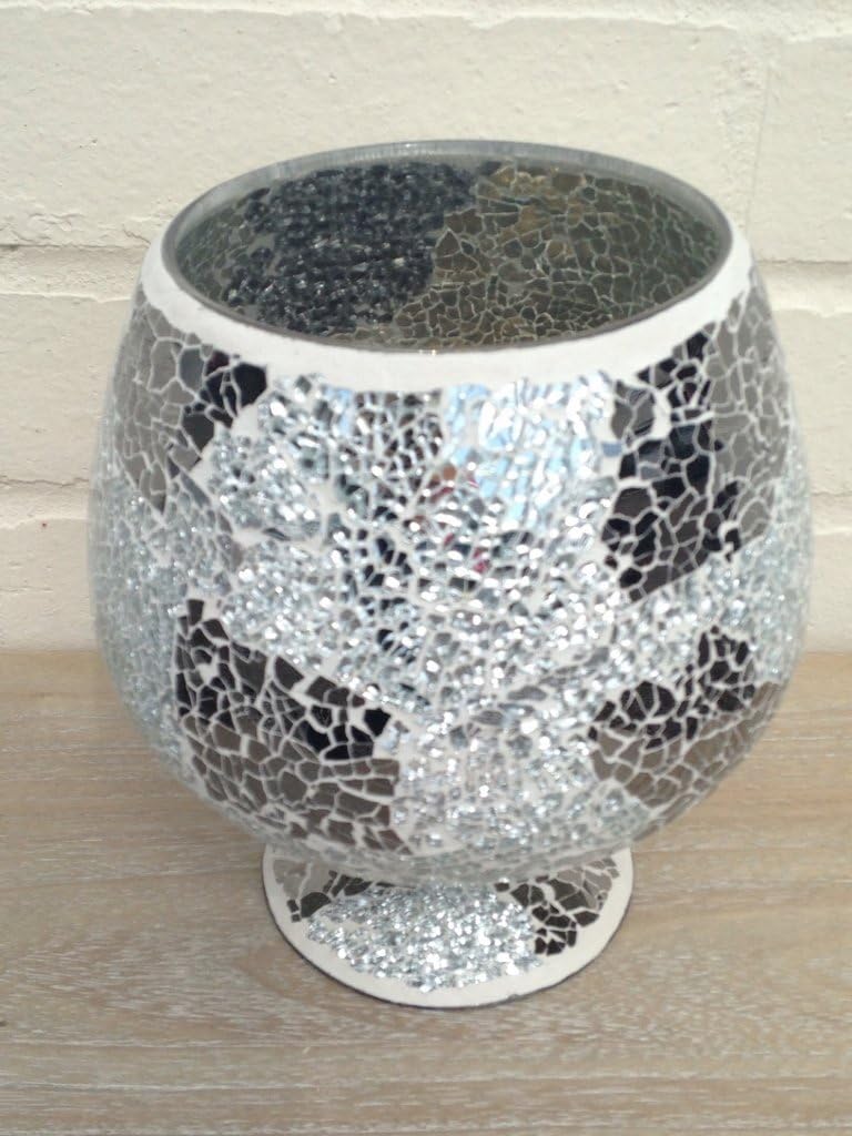Mosaic Glass Hurricane Candle Holder 20cm High Silver and