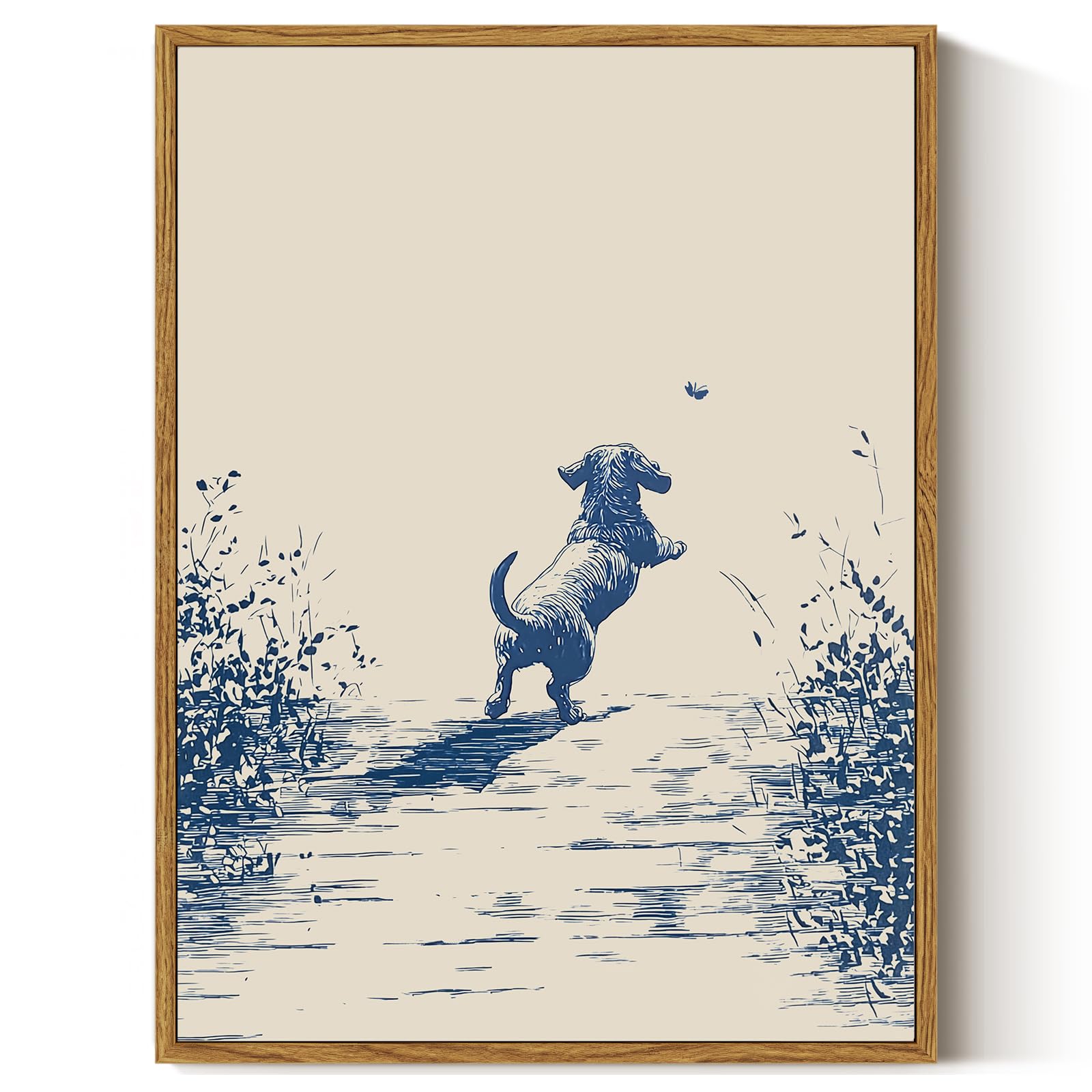 ARPEOTCY Vintage Framed Canvas Wall Art, 12x16inch, Farmhouse Happy Dog Wall Decor, Animal Art Prints Home Decorations, Sketch Paintings for Living Room Bedroom Shelf Decor