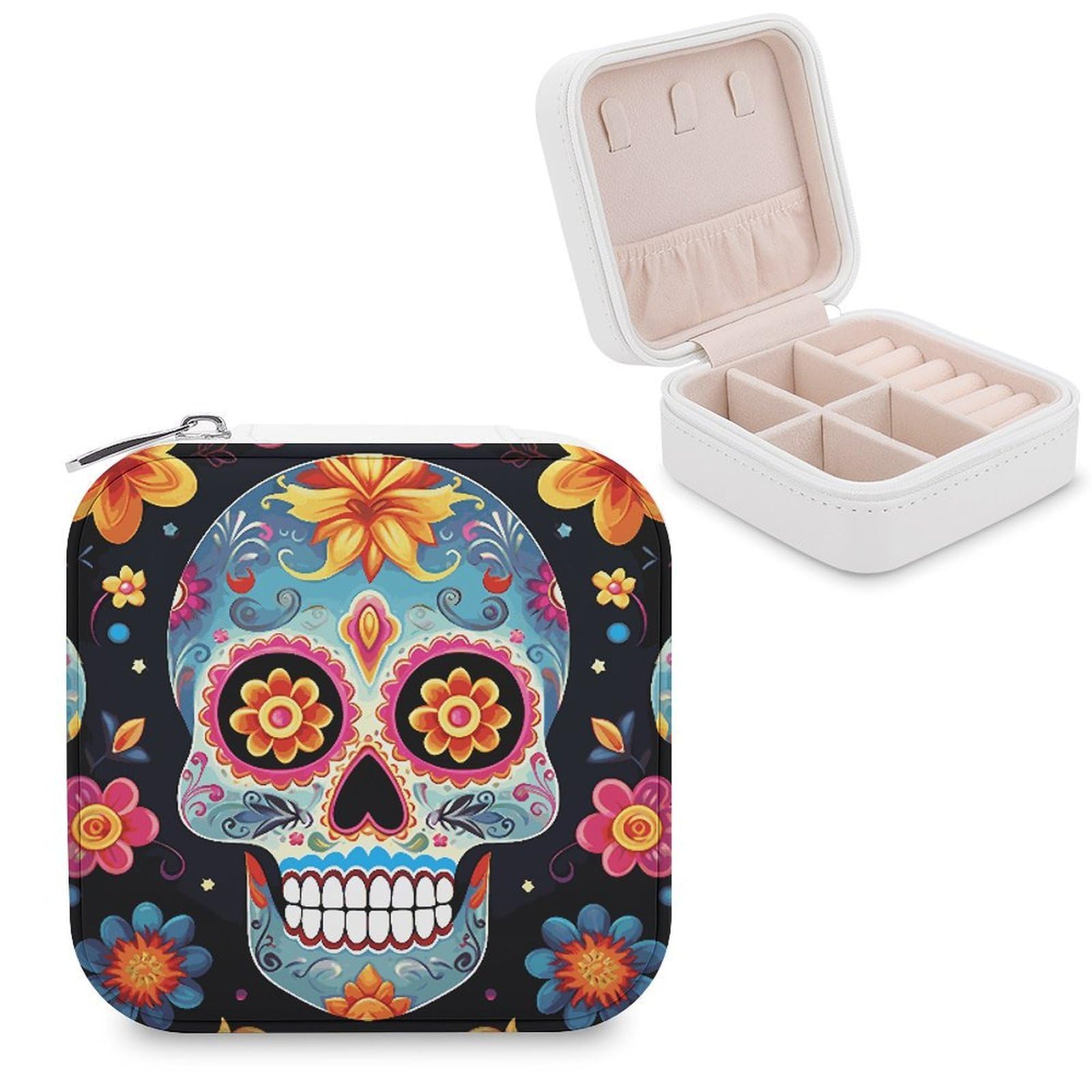 MUSM Sugar Skulls Travel Jewelry Case Personalized PU Leather Jewelry Boxes for Women Small Portable Jewelry Organizer Box Cute Trinket Box for Necklaces Rings Earrings & Gifts