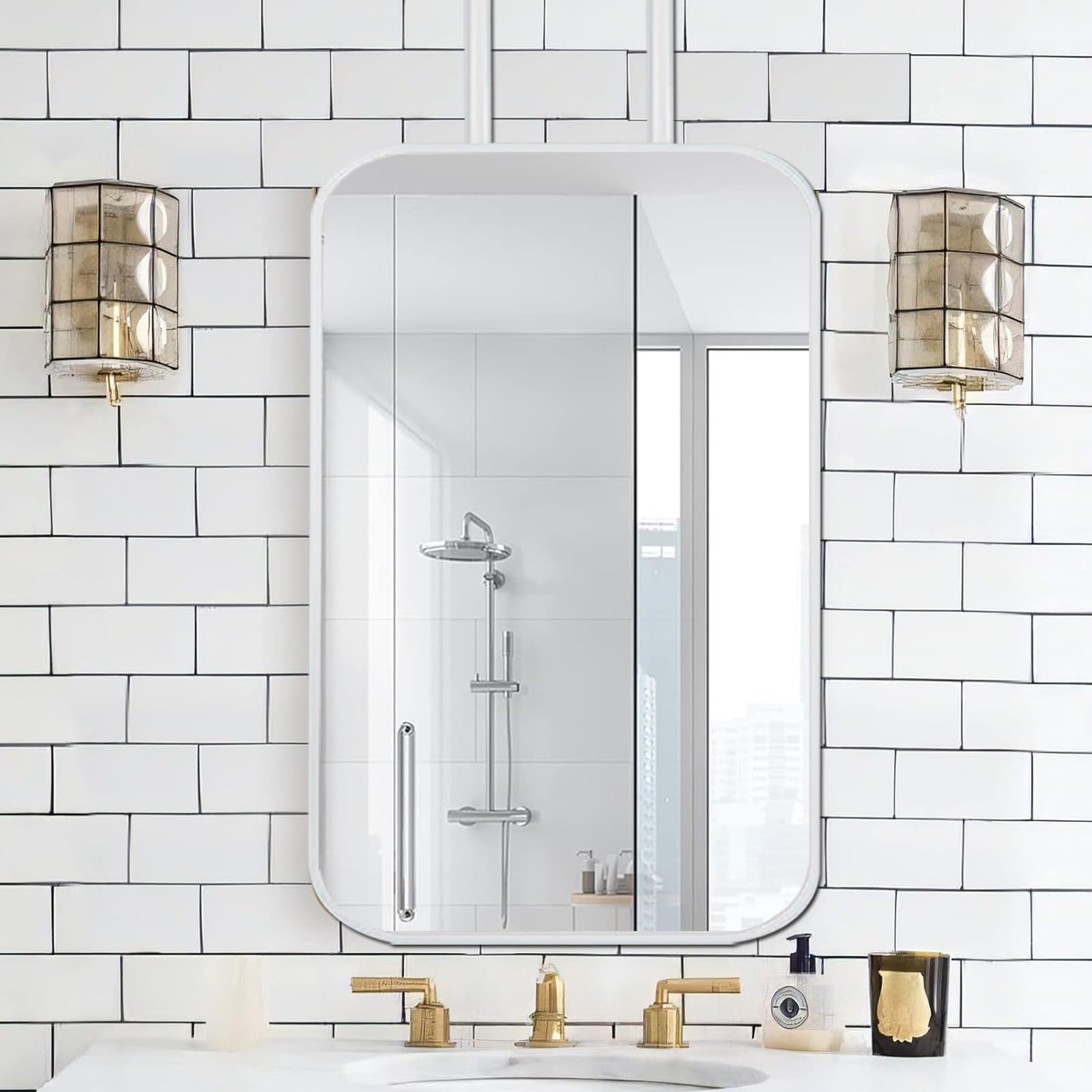 DFGHNBVC White Bathroom Mirror Rectangle Dressing Mirror Metal Frame Decorative Makeup Mirror Wall Mounted Mirror With Floating Rods Suspended Hanging Mirror For Shaving,50Cmx70Cm,50Cmx70Cm