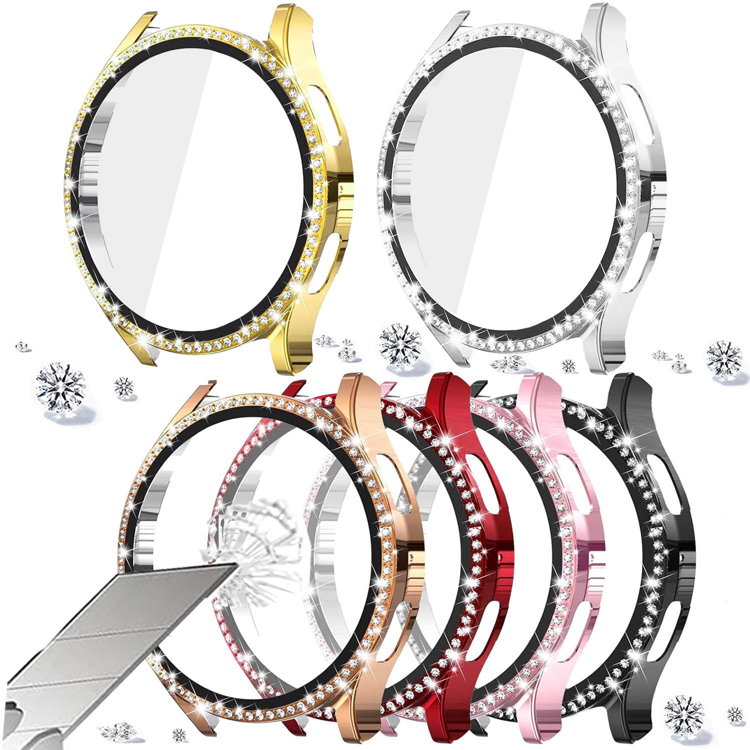 DEALELE [2-PACK] Case Compatible with Samsung Galaxy Watch 5/4 44mm, Bling Single-Row Diamond PC Protective Case Replacement Watch Cover Bumper (44mm, Gold+Transparent) — view 216