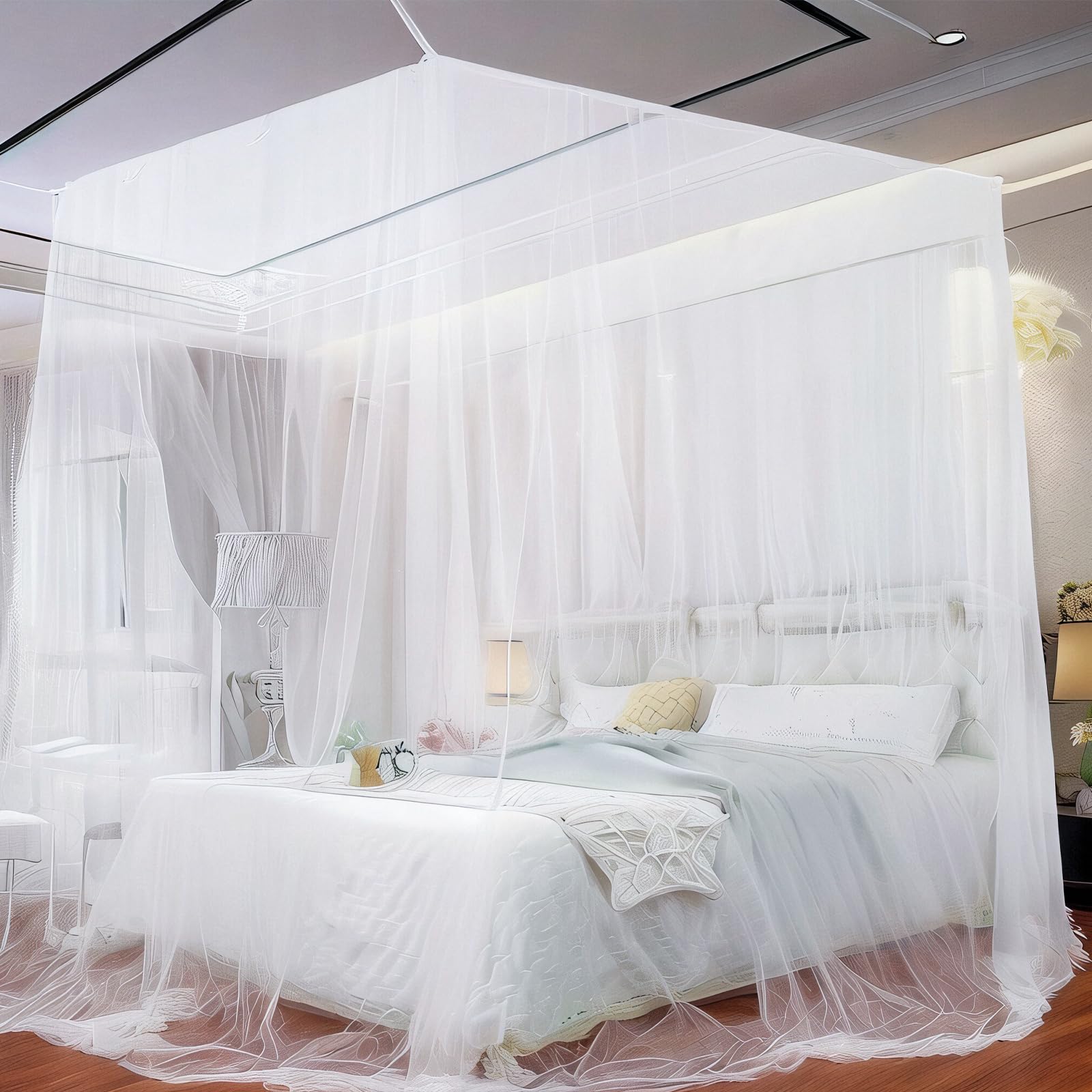 Mosquitera Cama, 220 * 210 * 200cm mosquitera Cama Matrimonio Mosquito Net Cuadrados para Interior y Exterior Fácil de Instalación Mosquitera Grande para el Hogar o de Vacaciones, Blanco