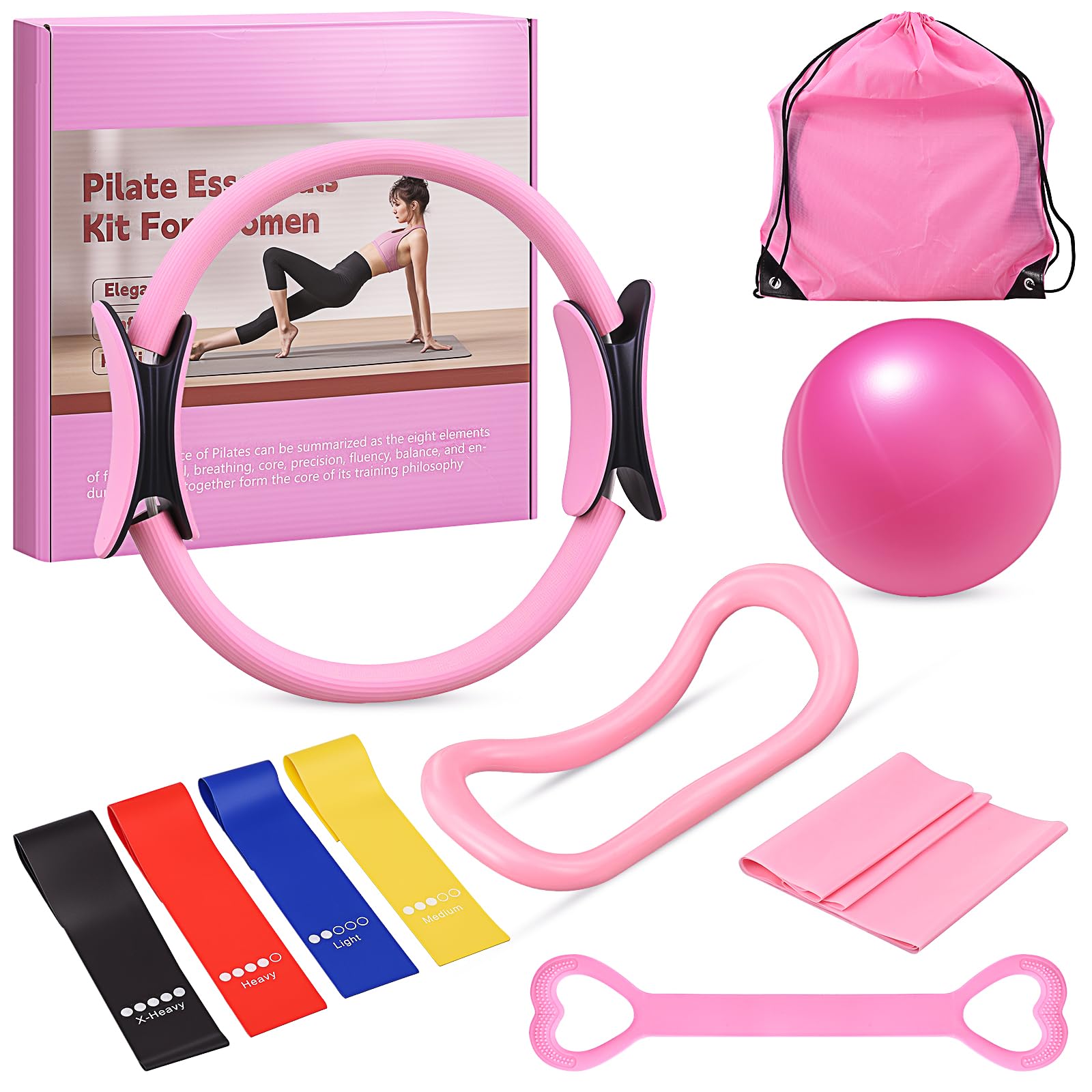 Set di 10 Accessori per Pilates,Kit Pilates Essenziale per Donne con Palla da Yoga,per Donne con Palla da Yoga,Palla da Yoga,Anello da Yoga,Borsa Portatile,Anello di Tensione,Fascia Fitness