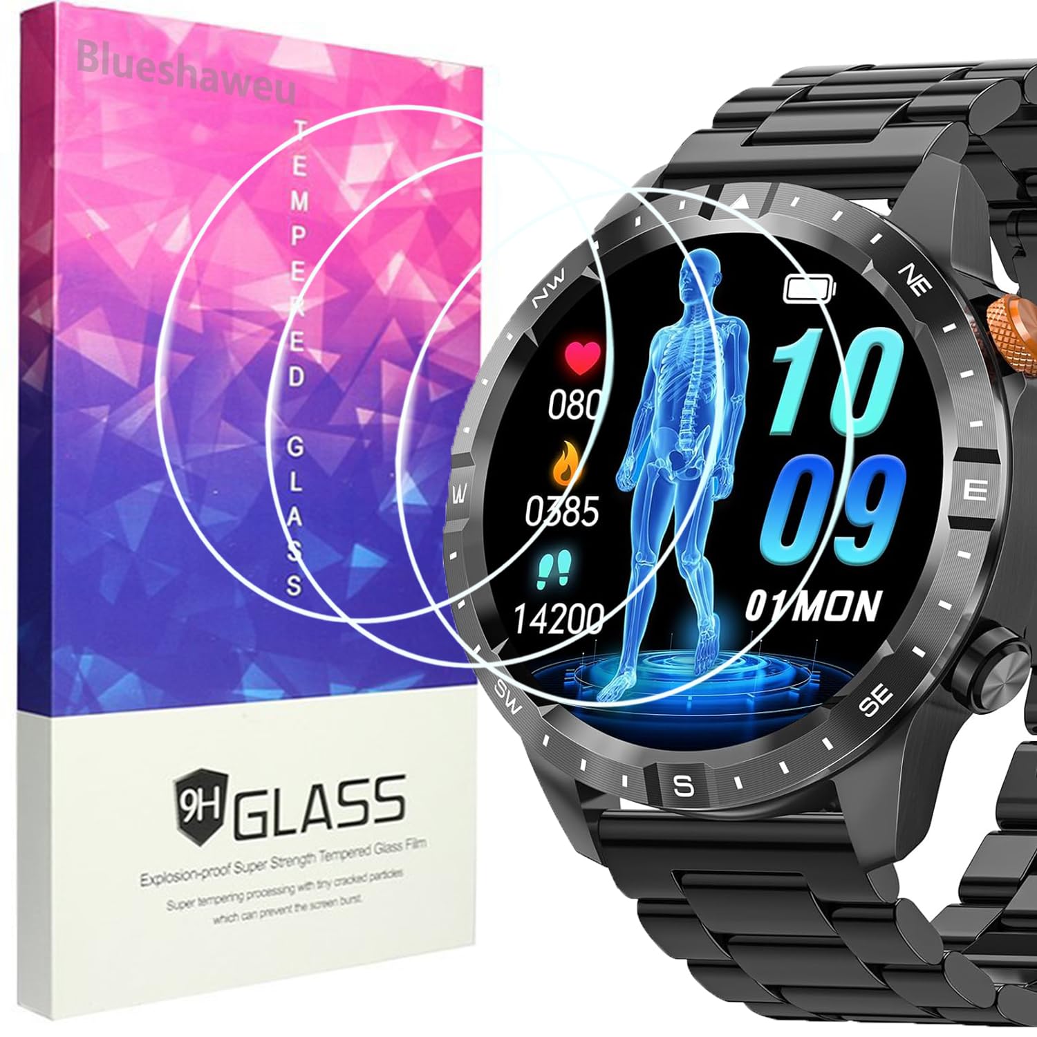 Blueshaweu Pellicola protettiva compatibile con smartwatch AK57 da 1,43 pollici, durezza 9H, pellicola protettiva in vetro temperato [3 pezzi] compatibile con SWGOTA AK57 / DEKELIFE AK57 Smartwatch