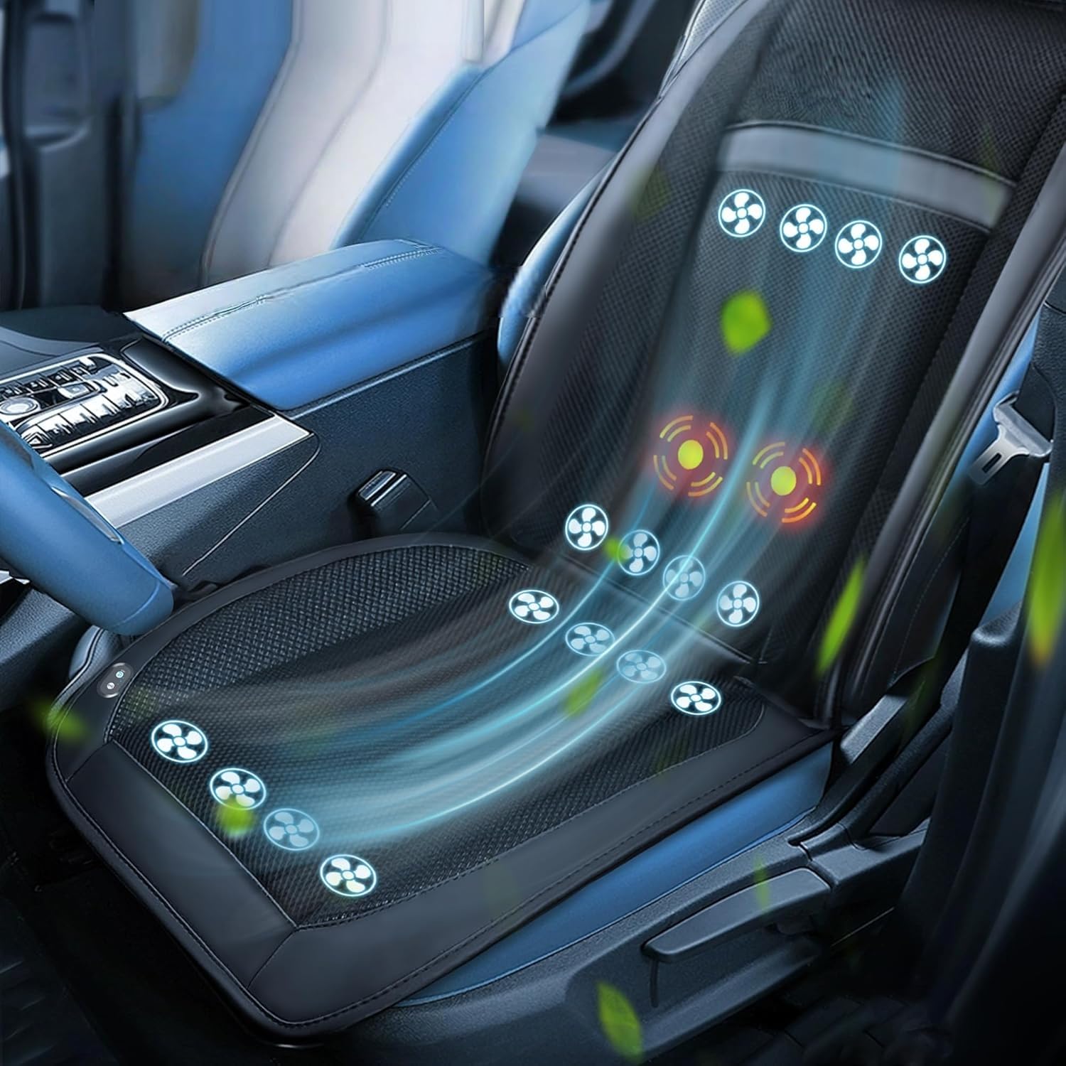 Funda de verano para asiento delantero de coche, 16 ventiladores, 2 en 1, cojín de enfriamiento para asiento de coche con función de masaje, 12 V, ventilado, transpirable, enfriador de asiento